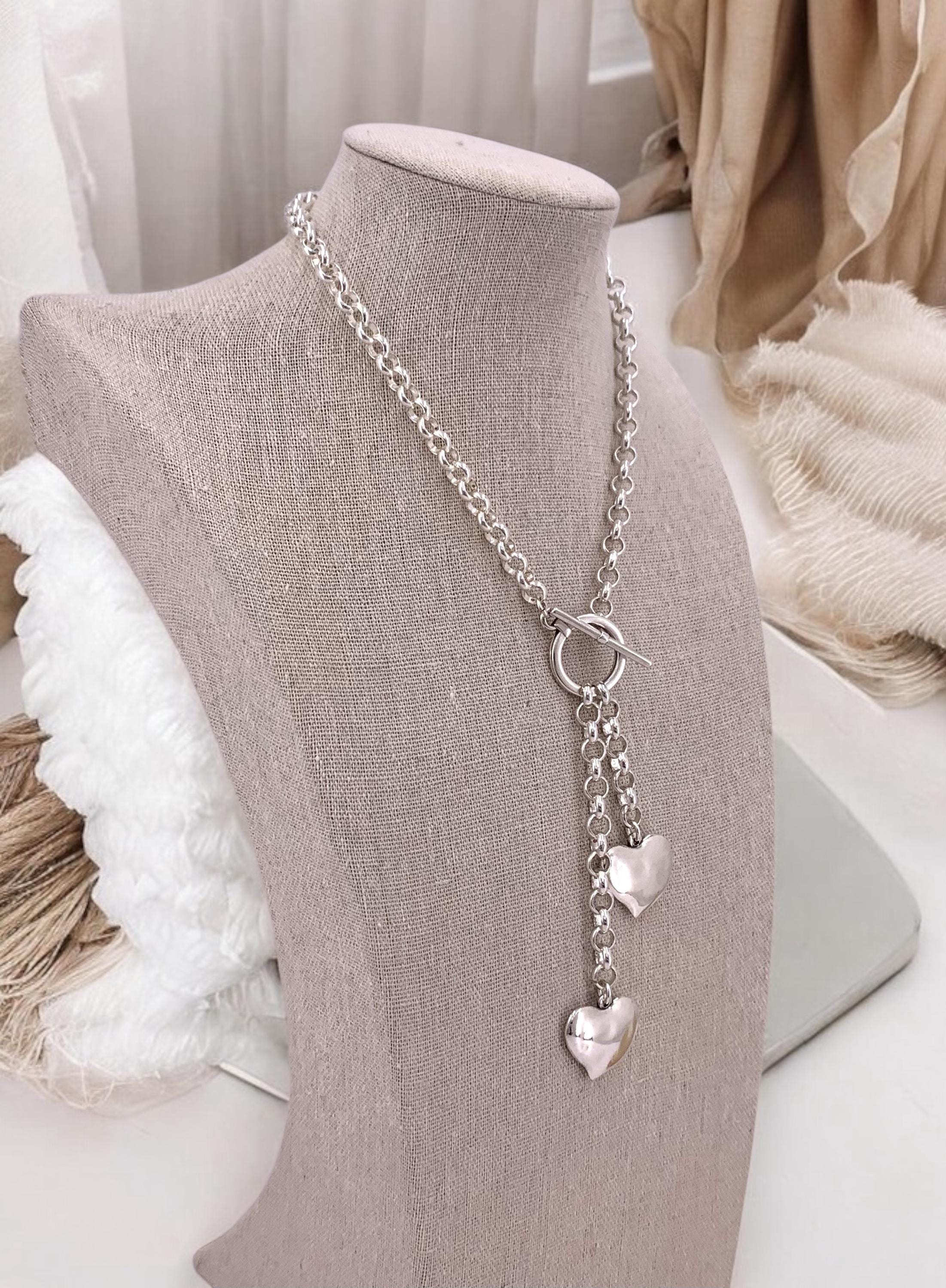 Chunky Silver Lariat Necklace with Dual Heart Pendants – Bold Rolo Chain Y Necklace with Toggle Clasp – romantic jewelry - gift for lovers