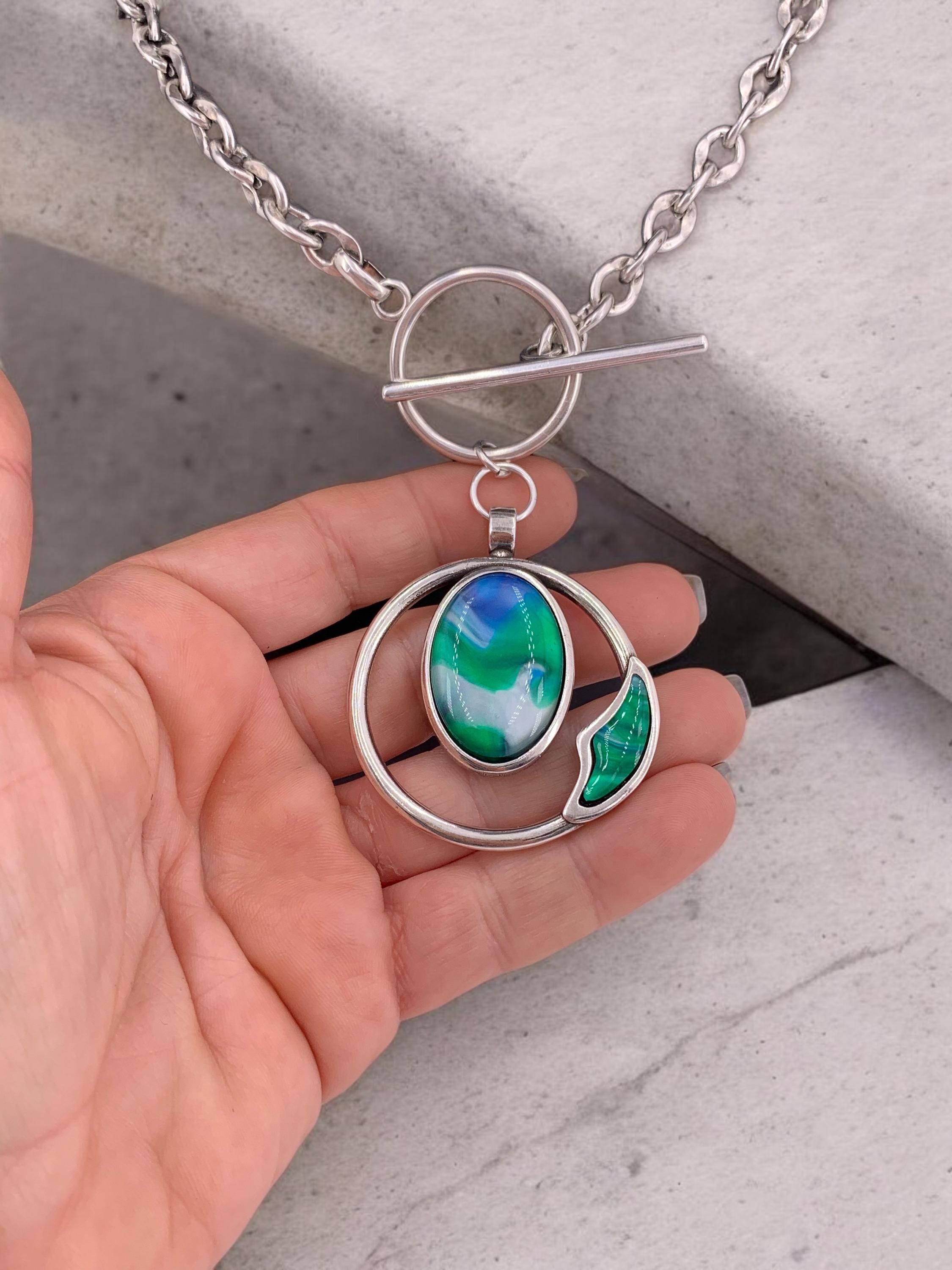 Chunky Silver Chain Necklace with Sea Crystal Circle Pendant – Bold Toggle Clasp Statement Jewelry – Handmade in Custom Lengths