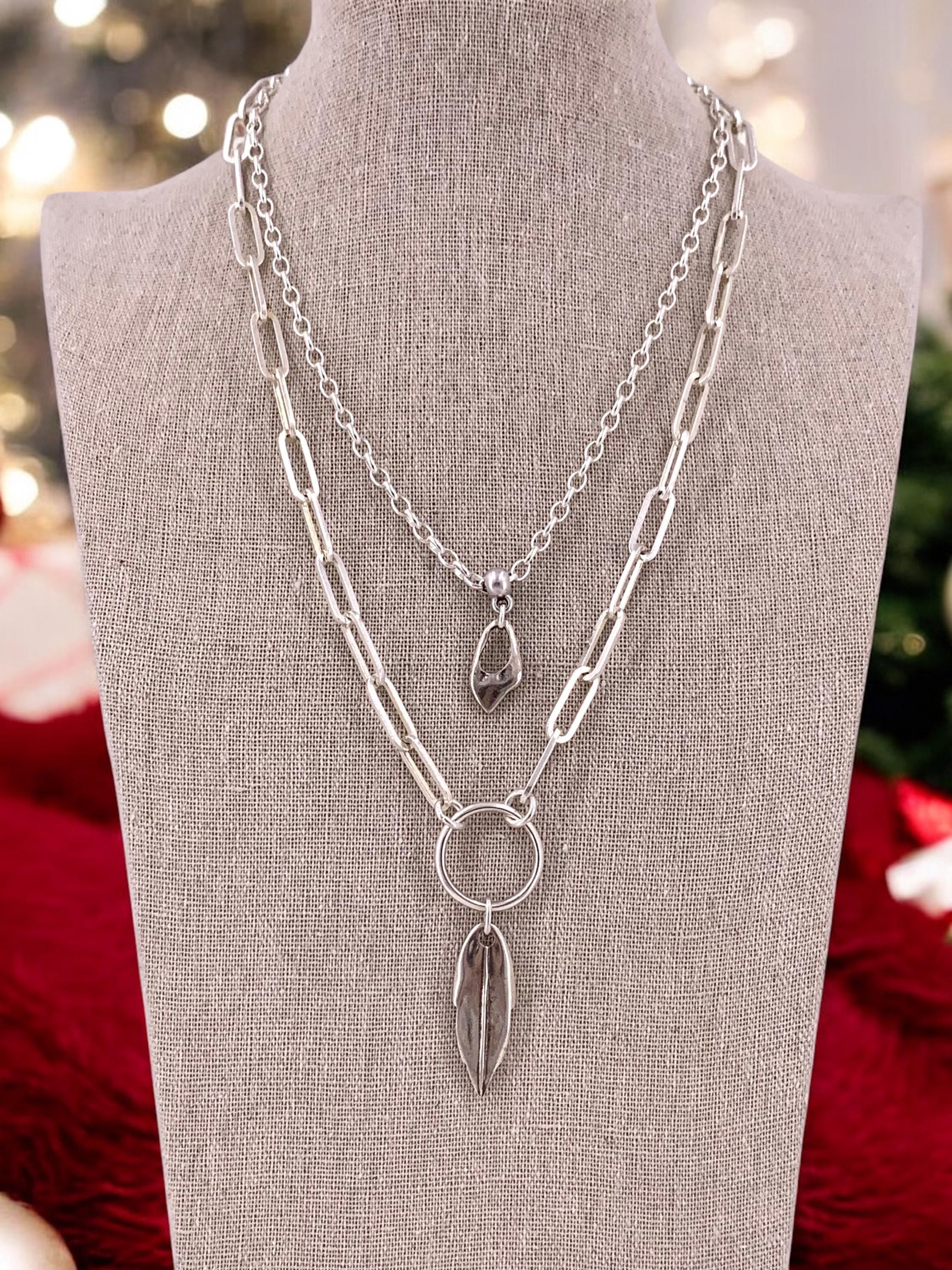 Double-Strand Silver Pendant Necklace – Layered Handmade Jewelry with Mixed Chains & Lobster Clasp – Exclusive design - layering choker