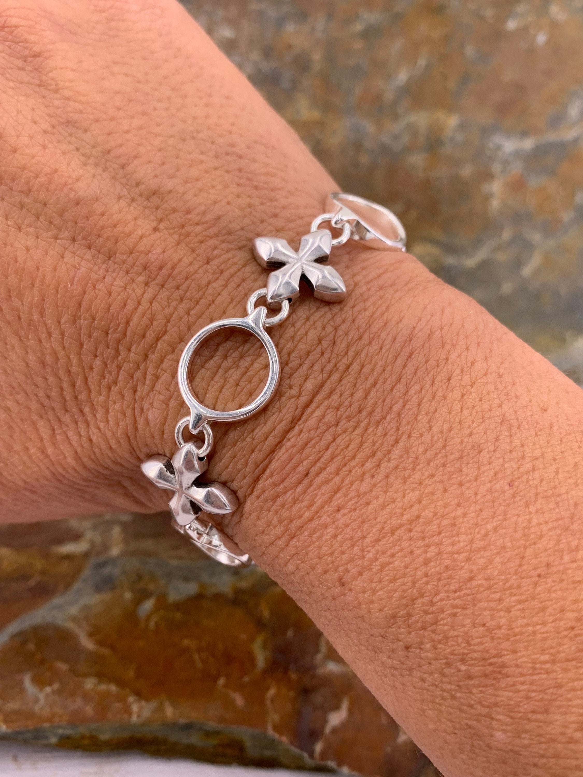 Special silver cross link chain bracelet, silver chain toggle bracelet, bold bracelet, bohemian delicate bracelet, uno de 50 style, gift