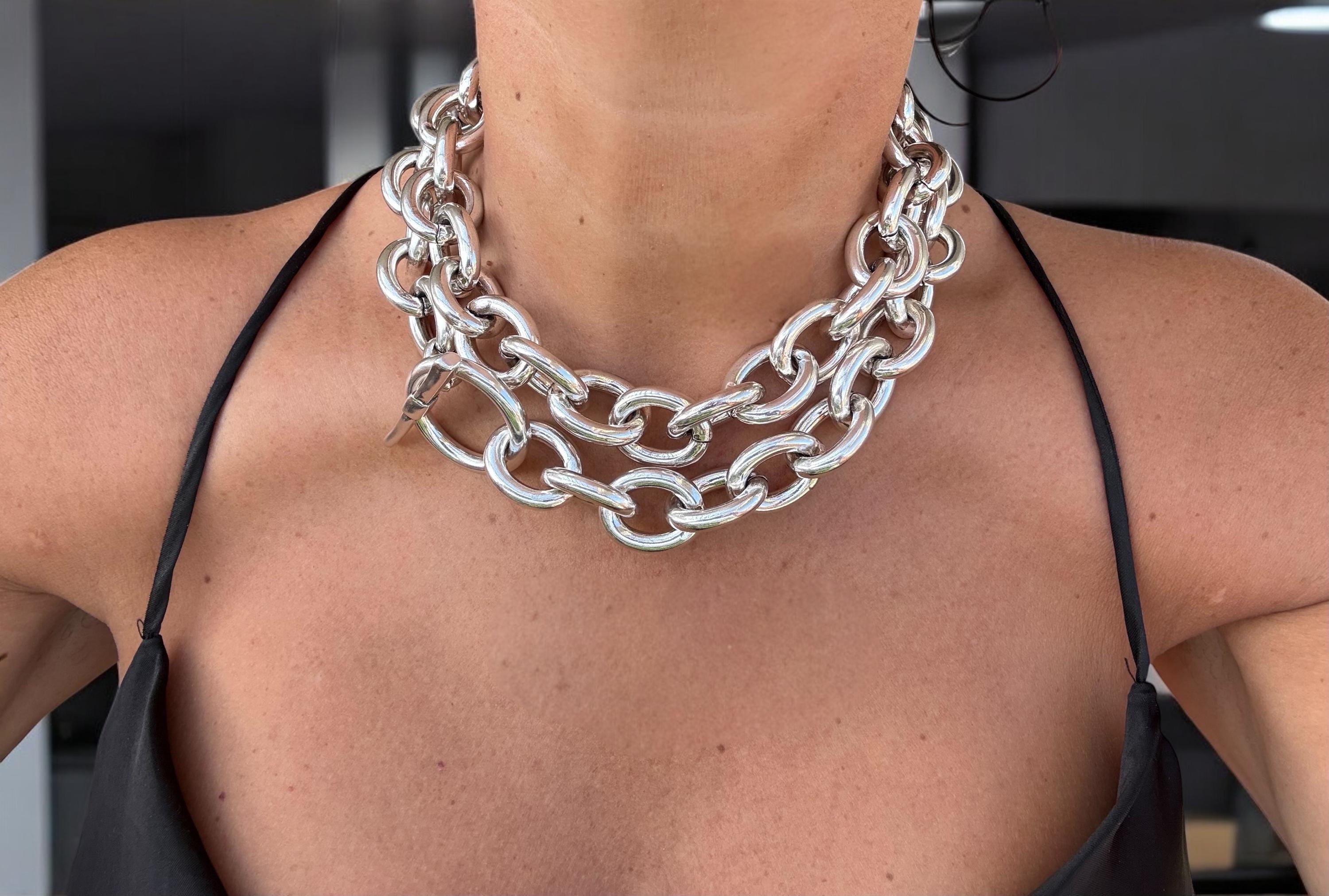 Chunky Multi-Strand Silver Chain Necklace – Lightweight Layered Statement Jewelry with Toggle Clasp – Convertible Choker or Long Style