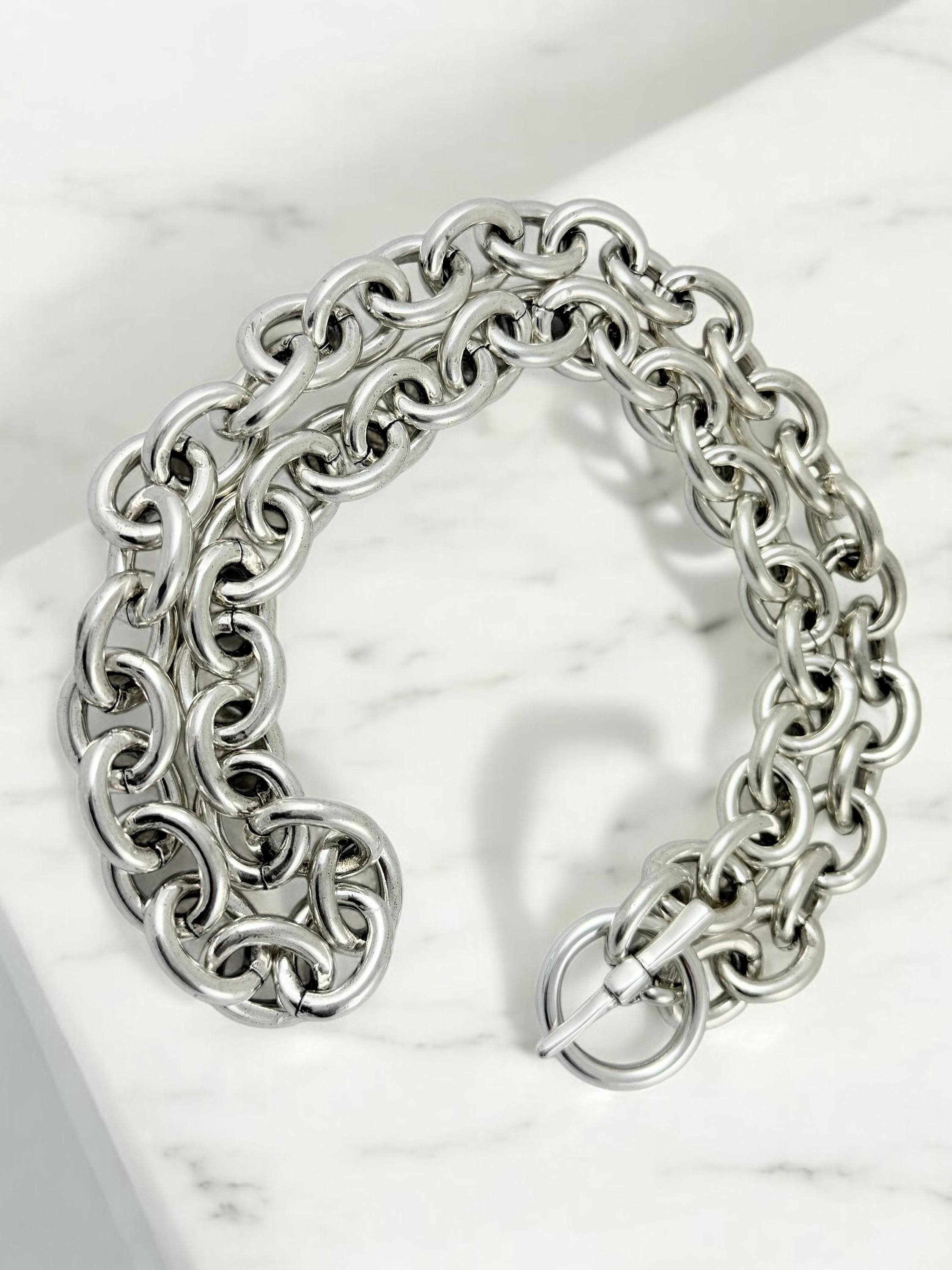 Chunky Multi-Strand Silver Chain Necklace – Lightweight Layered Statement Jewelry with Toggle Clasp – Convertible Choker or Long Style