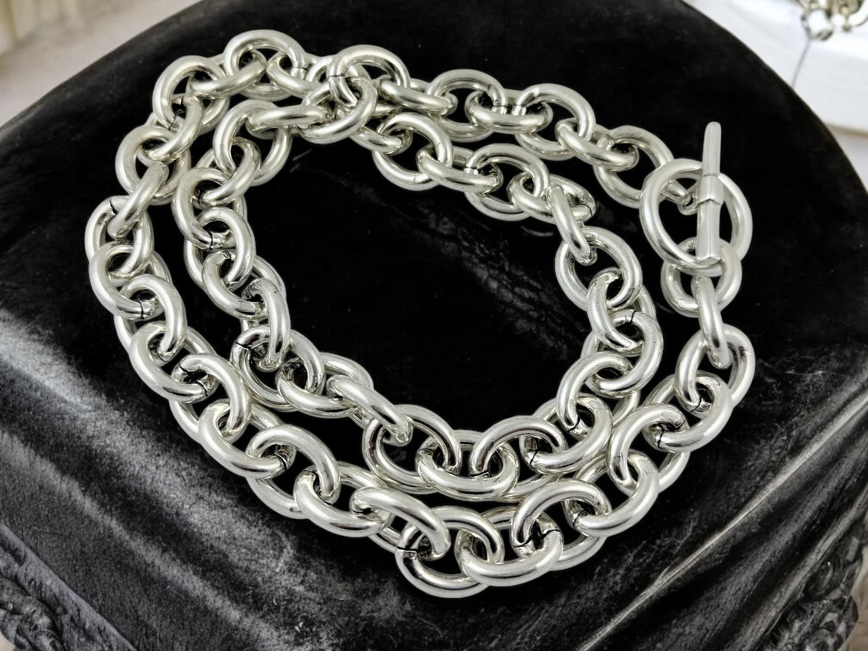 Chunky Multi-Strand Silver Chain Necklace – Lightweight Layered Statement Jewelry with Toggle Clasp – Convertible Choker or Long Style