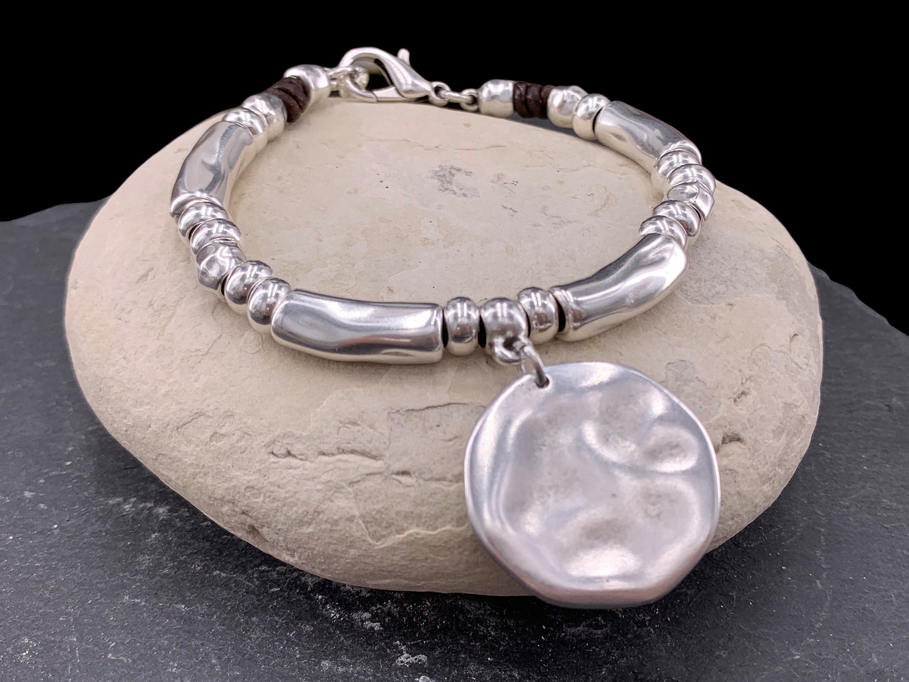 Chunky Silver Bracelet with disc pendant– Bold Rock Style – statement Women's Jewelry