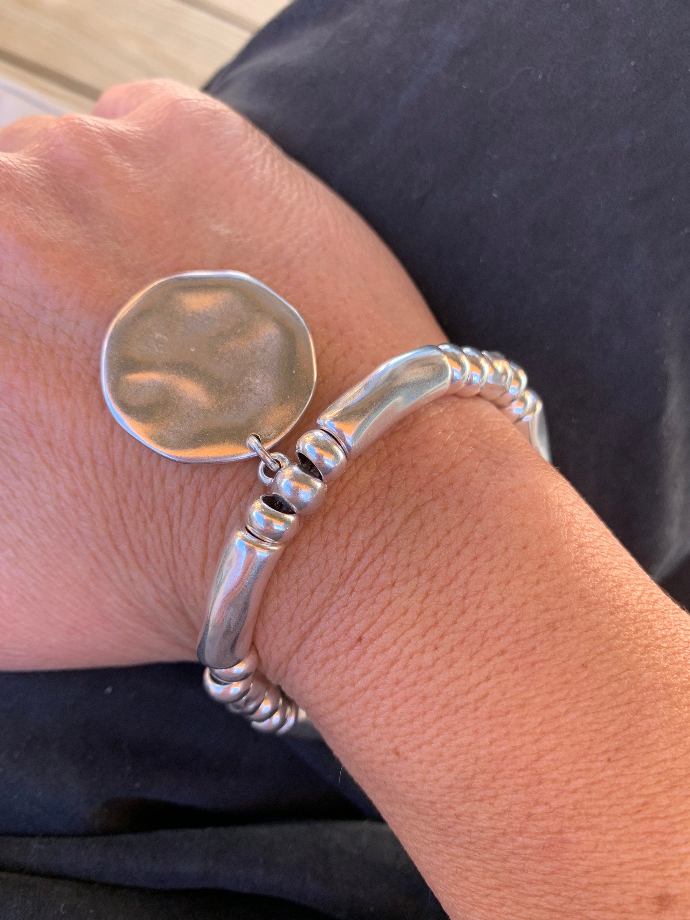 Chunky Silver Bracelet with disc pendant– Bold Rock Style – statement Women's Jewelry