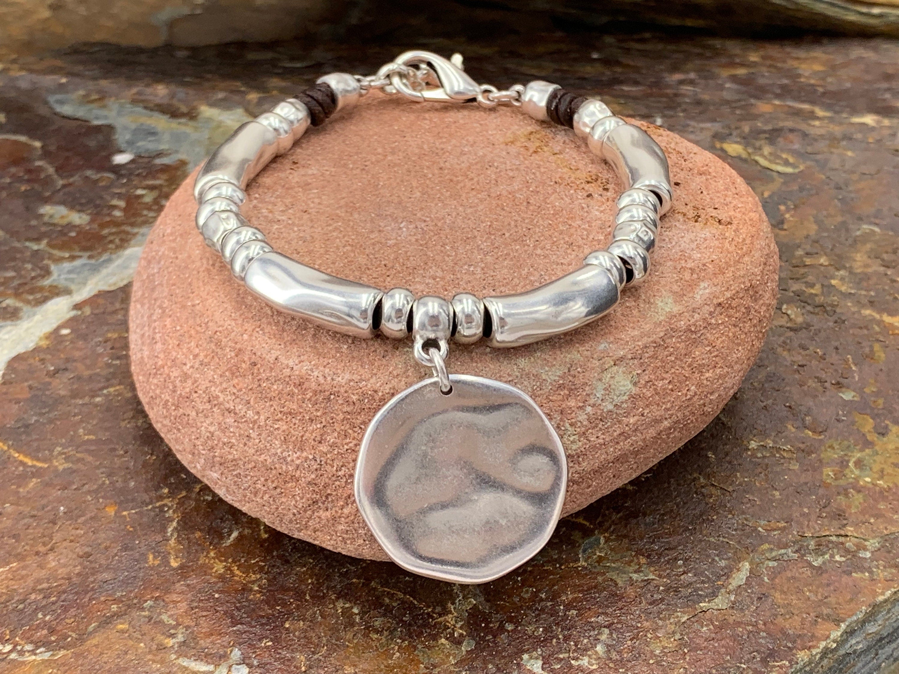 Chunky Silver Bracelet with disc pendant– Bold Rock Style – statement Women's Jewelry