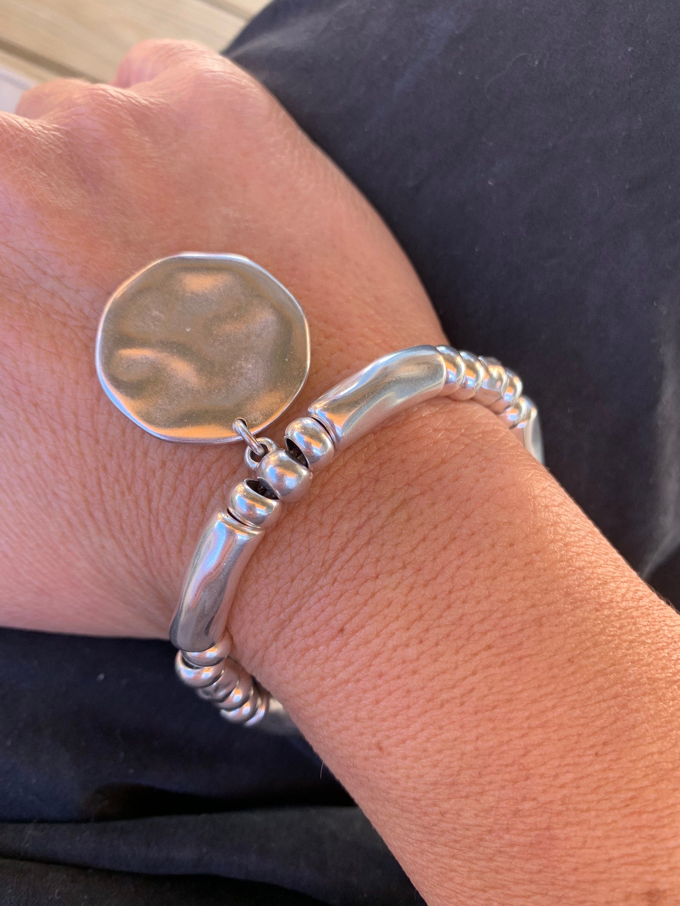 Chunky Silver Bracelet with disc pendant– Bold Rock Style – statement Women's Jewelry