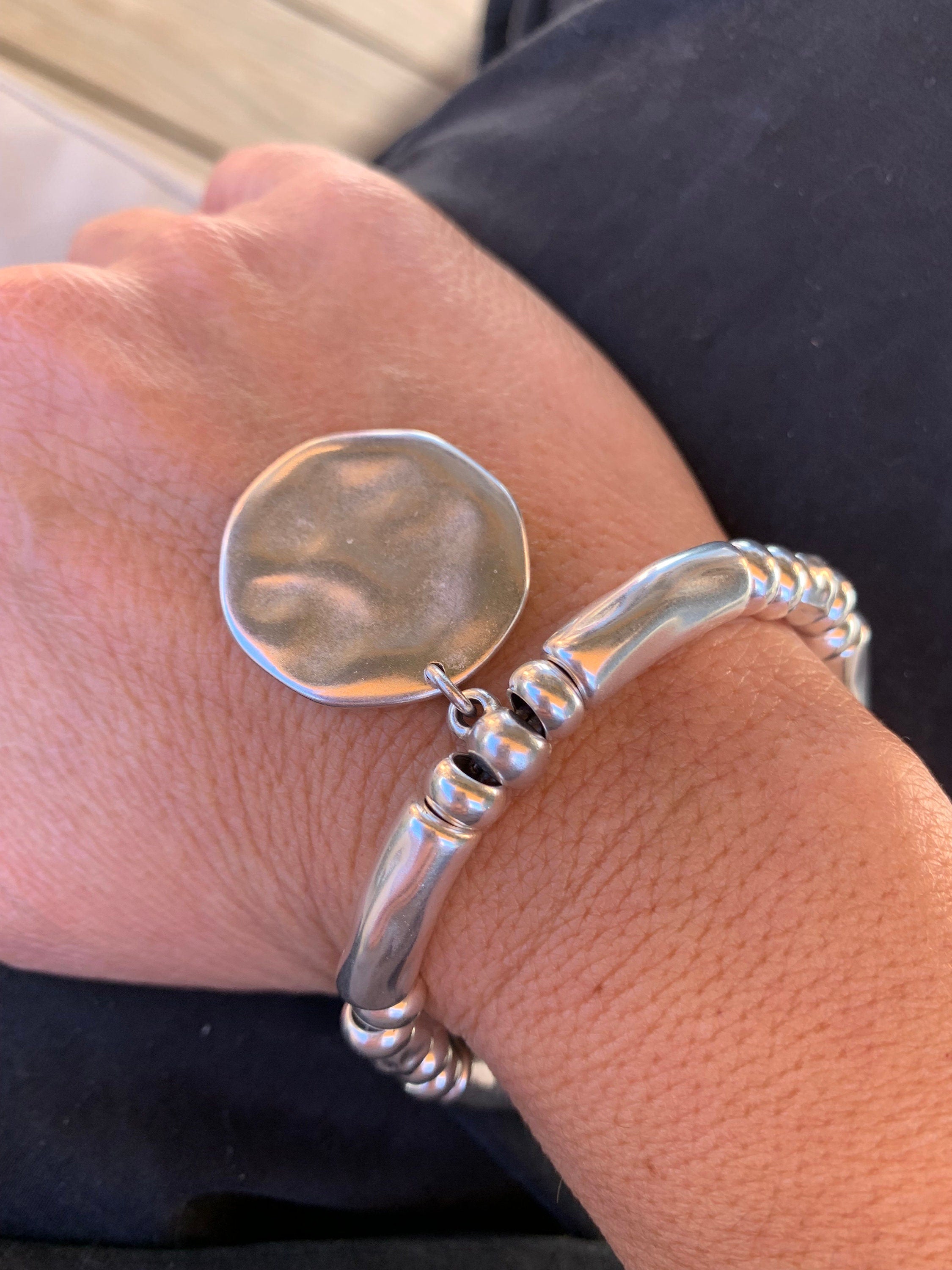 Chunky Silver Bracelet with disc pendant– Bold Rock Style – statement Women's Jewelry