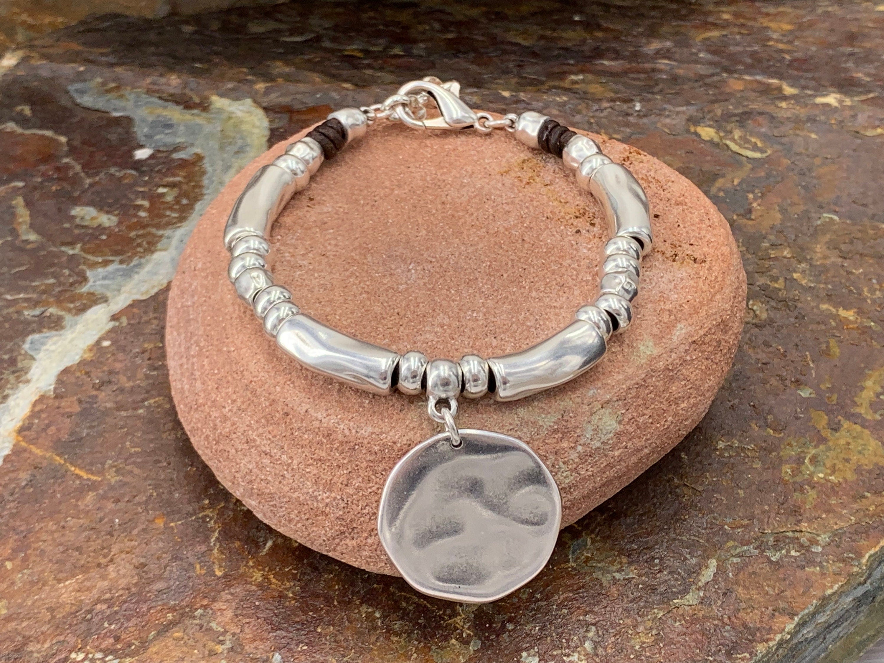Chunky Silver Bracelet with disc pendant– Bold Rock Style – statement Women's Jewelry