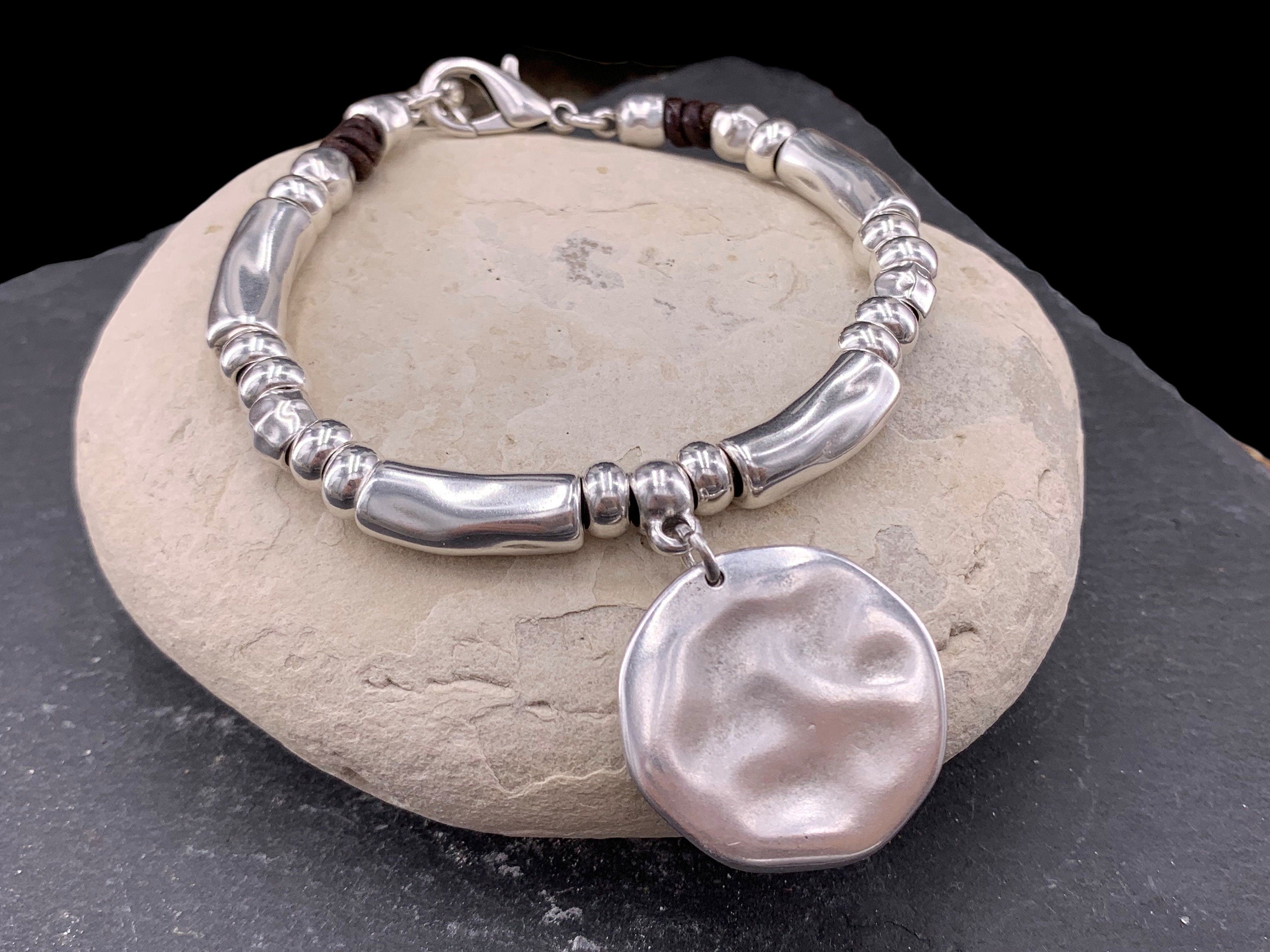 Chunky Silver Bracelet with disc pendant– Bold Rock Style – statement Women's Jewelry