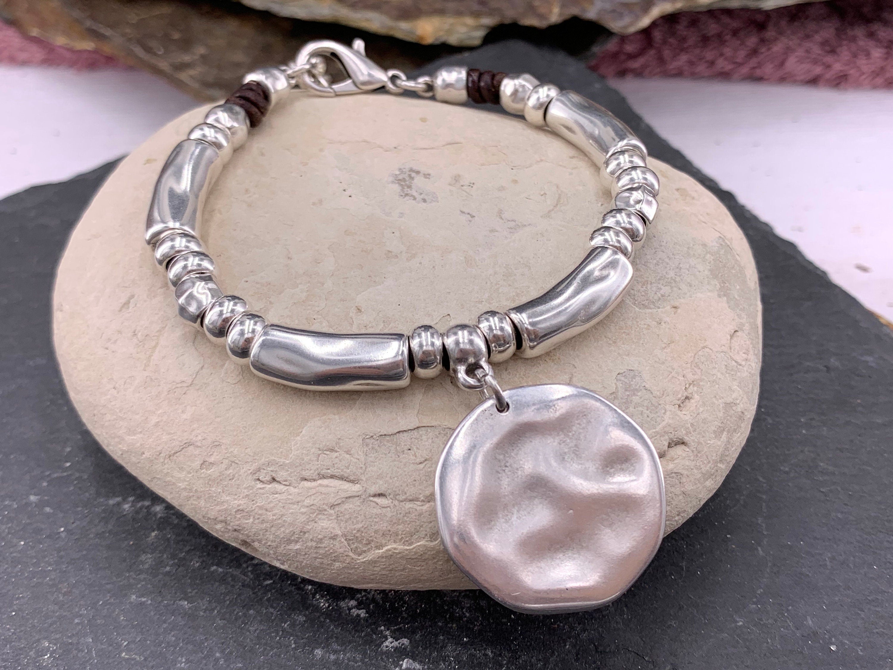 Chunky Silver Bracelet with disc pendant– Bold Rock Style – statement Women's Jewelry