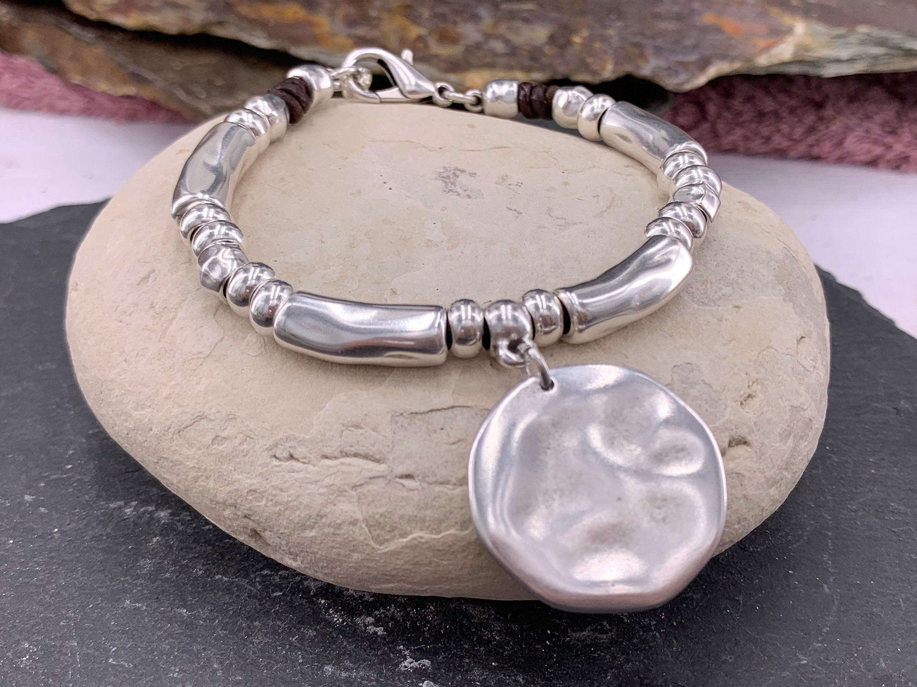 Chunky Silver Bracelet with disc pendant– Bold Rock Style – statement Women's Jewelry