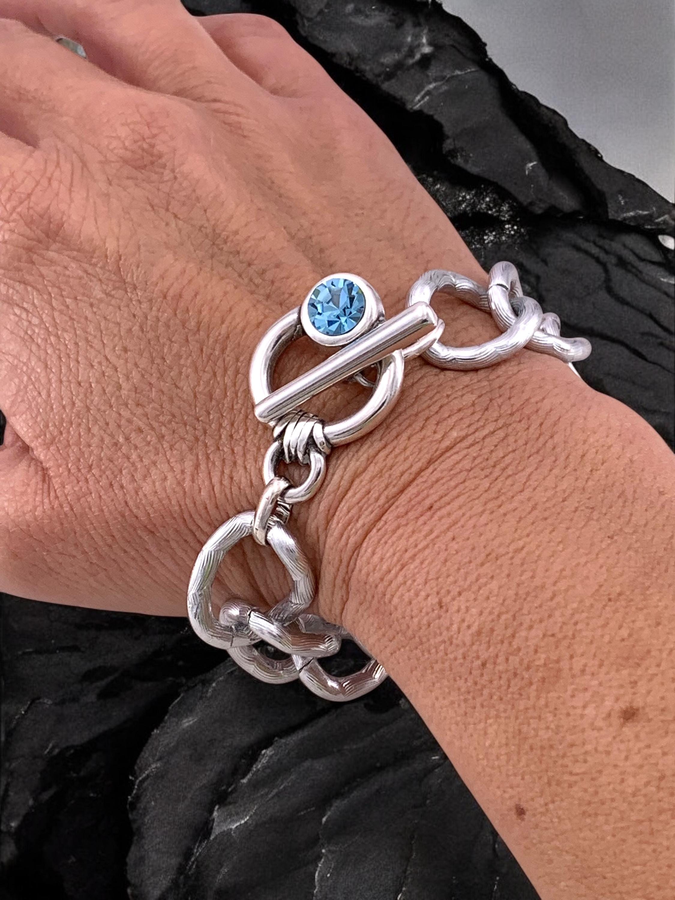 Thick chain silver bracelet, voluminous bracelet, bold chain bracelet, chunky silver toggle bracelet, gif for sister, Swarovski bracelet