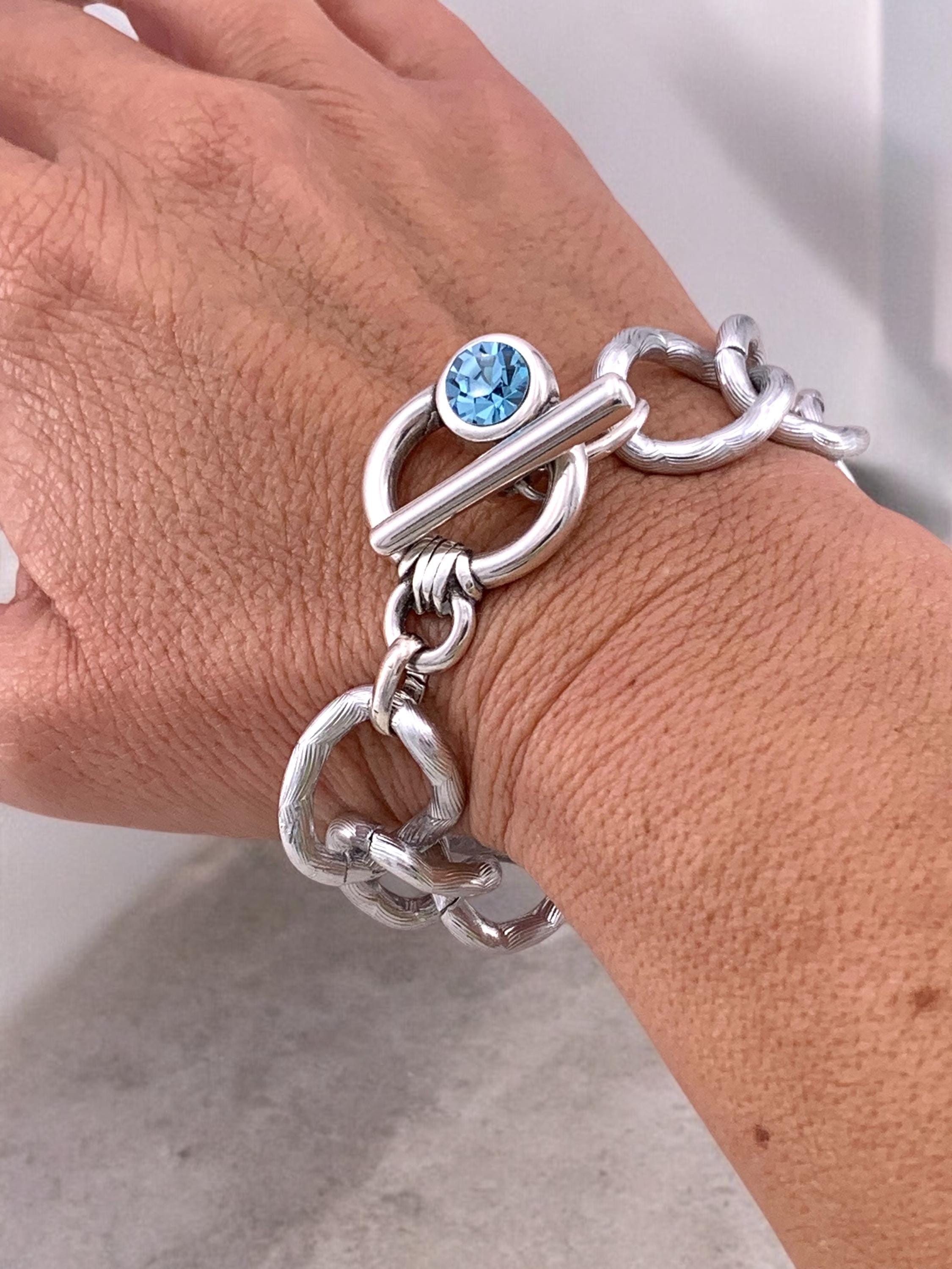 Thick chain silver bracelet, voluminous bracelet, bold chain bracelet, chunky silver toggle bracelet, gif for sister, Swarovski bracelet