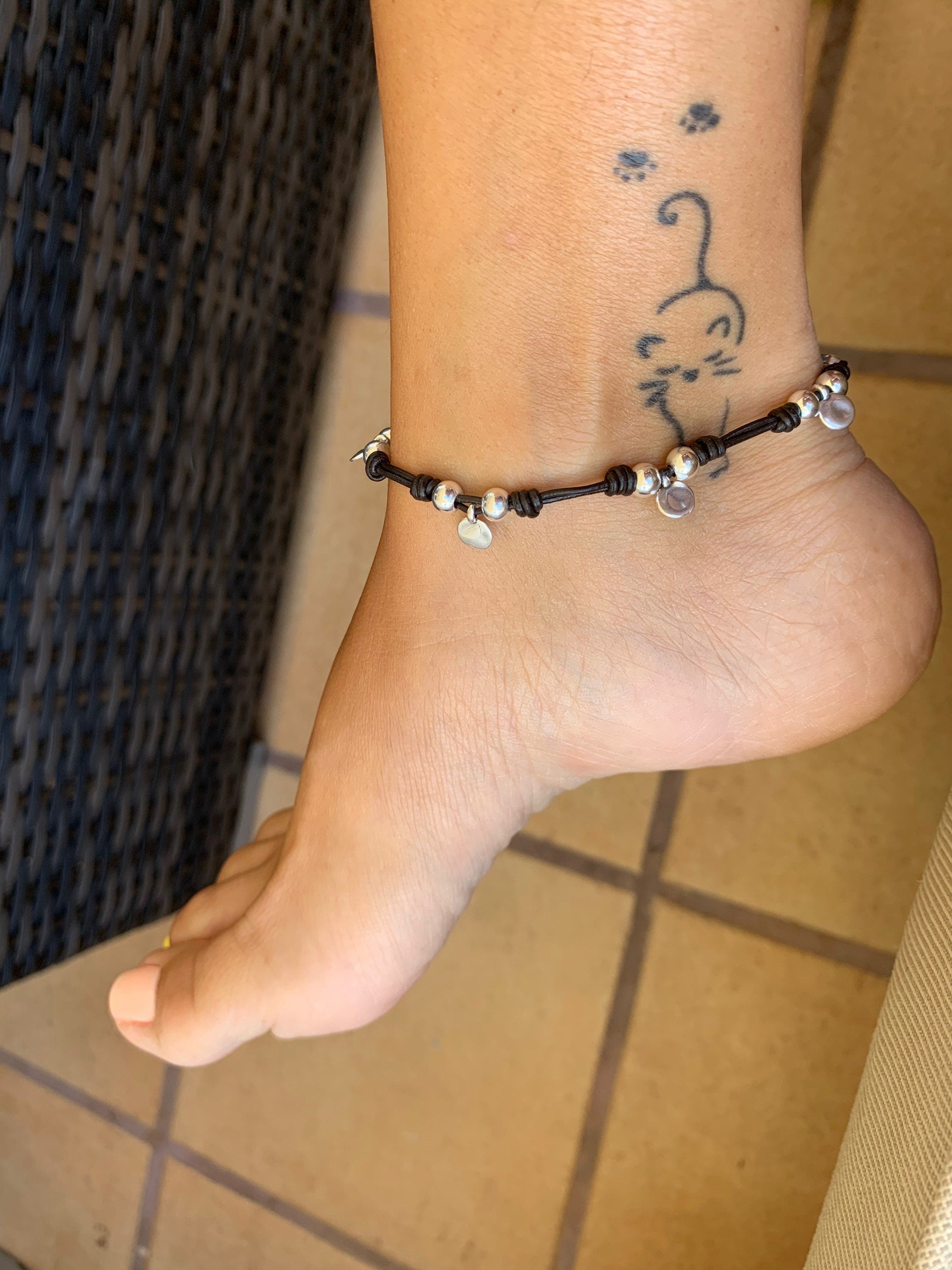 Beach anklet, leather anklet, Boho anklet, Swarovski leather anklet, sea anklet, beach anklet, surf anklet, silver anklet,