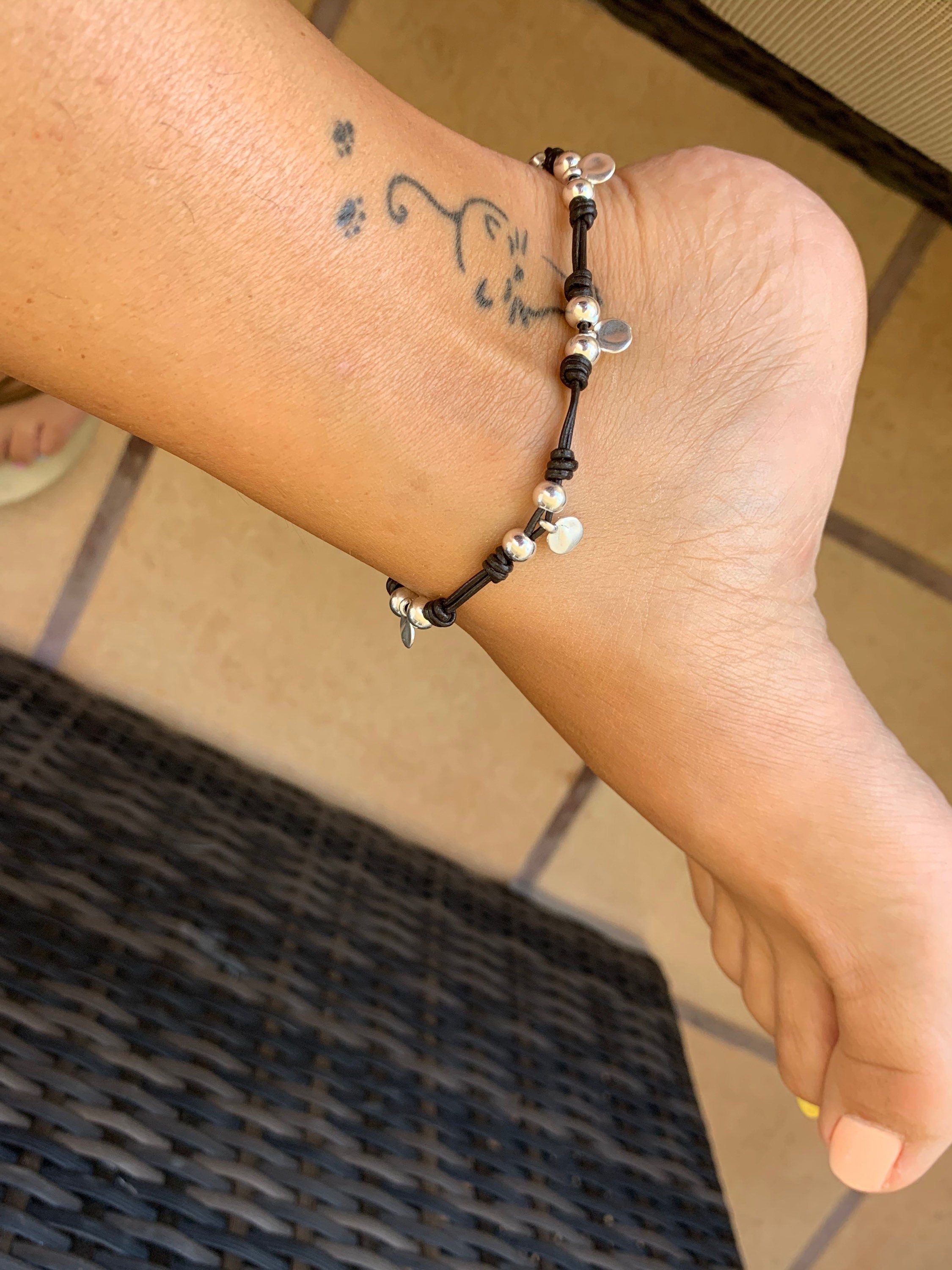 Beach anklet, leather anklet, Boho anklet, Swarovski leather anklet, sea anklet, beach anklet, surf anklet, silver anklet,