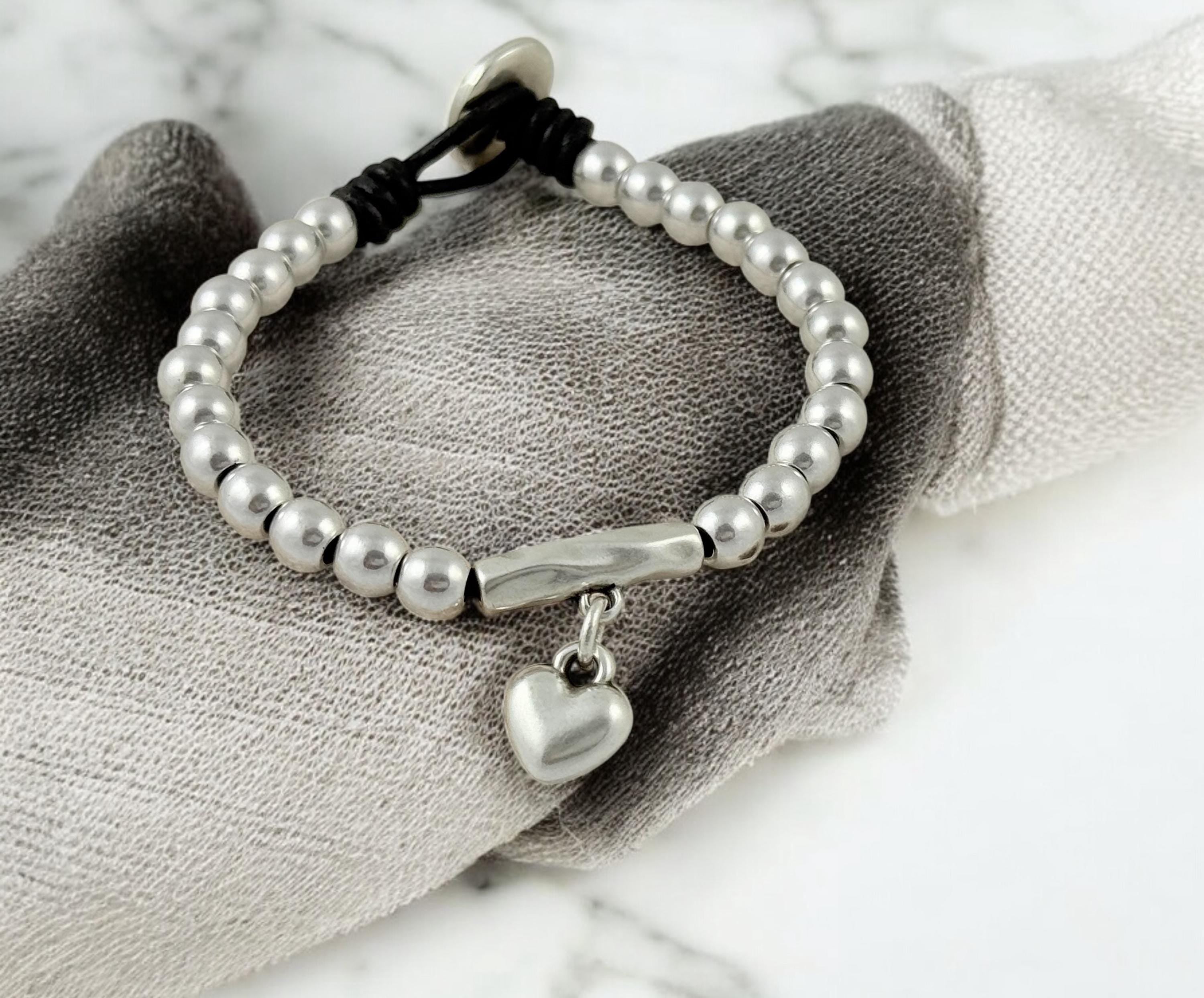 Silver Bracelet with Heart Pendant, Beaded & Leather Ibiza Bohemian Style, Gift for Her