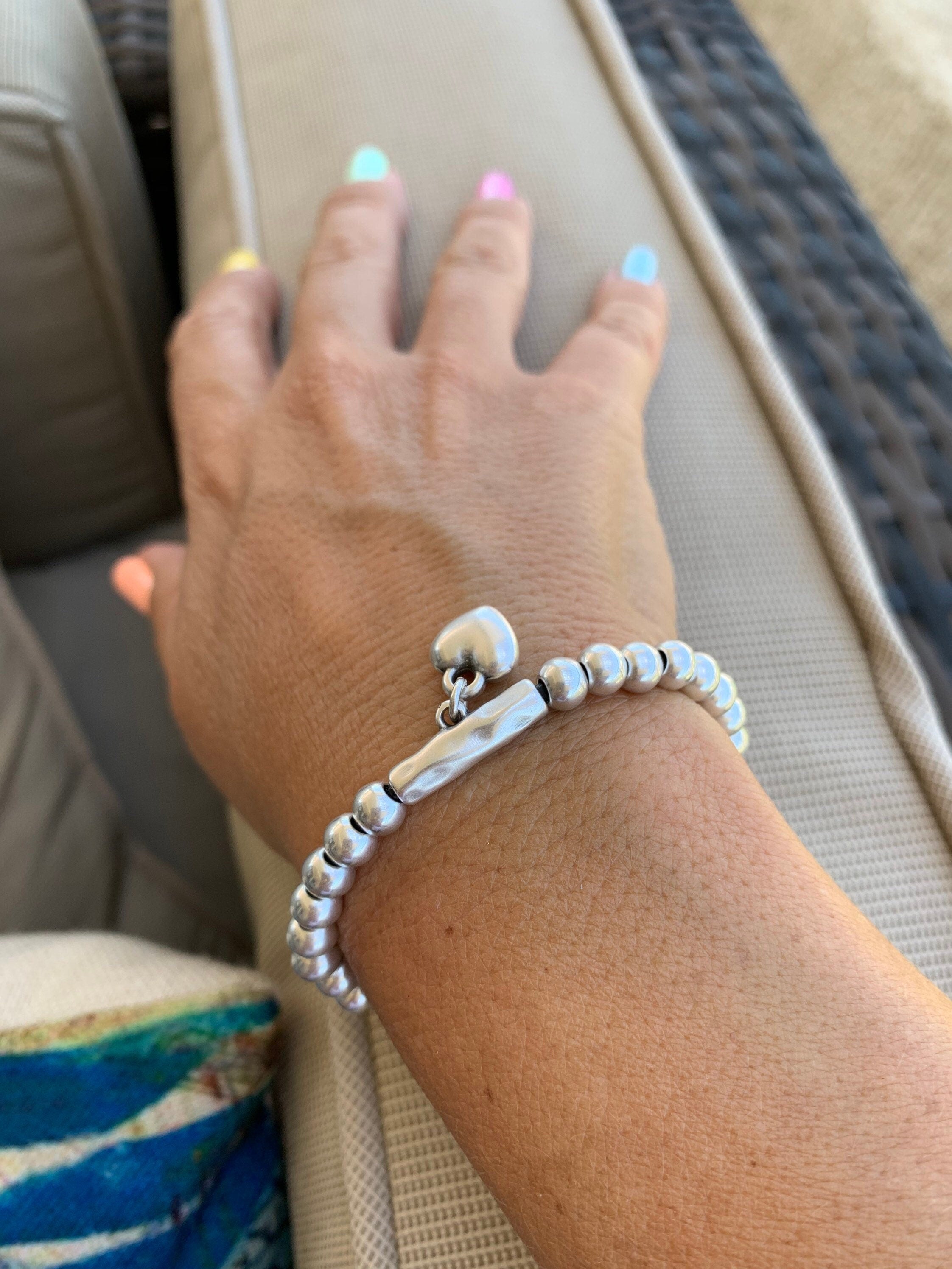 Silver Bracelet with Heart Pendant, Beaded & Leather Ibiza Bohemian Style, Gift for Her