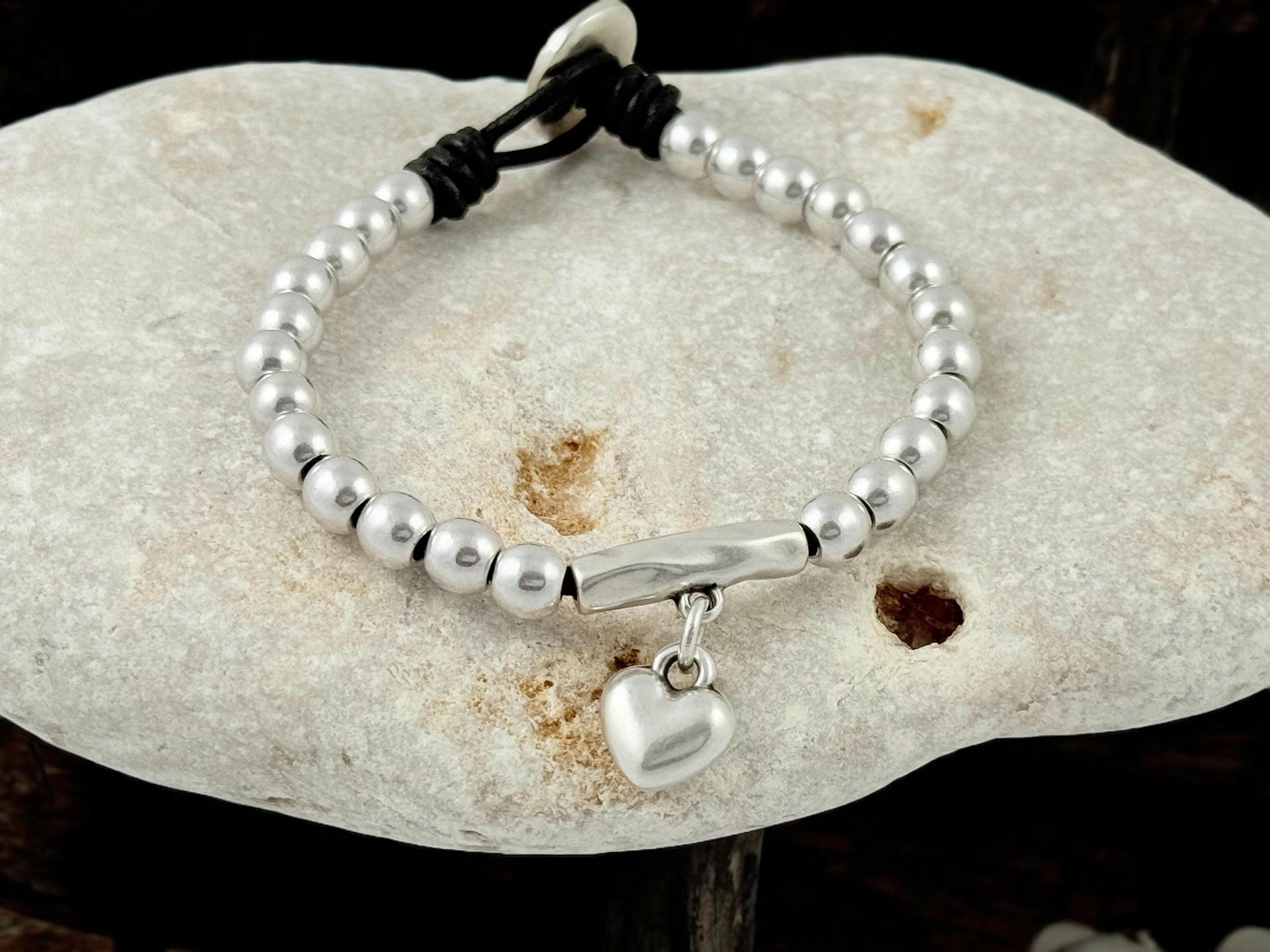 Silver Bracelet with Heart Pendant, Beaded & Leather Ibiza Bohemian Style, Gift for Her