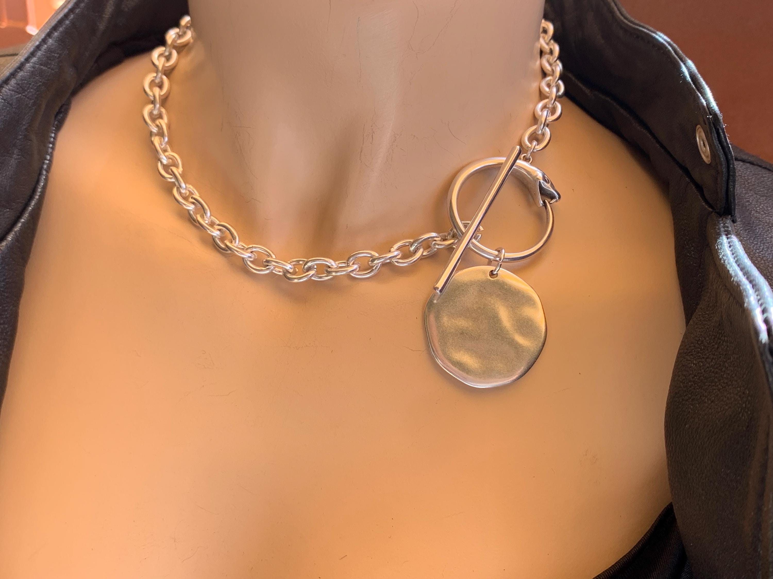 Chunky Silver Chain Necklace – Snake Toggle Clasp & Statement Disc Pendant – Bold Custom-Length Jewelry- gift for her- Scultural choker