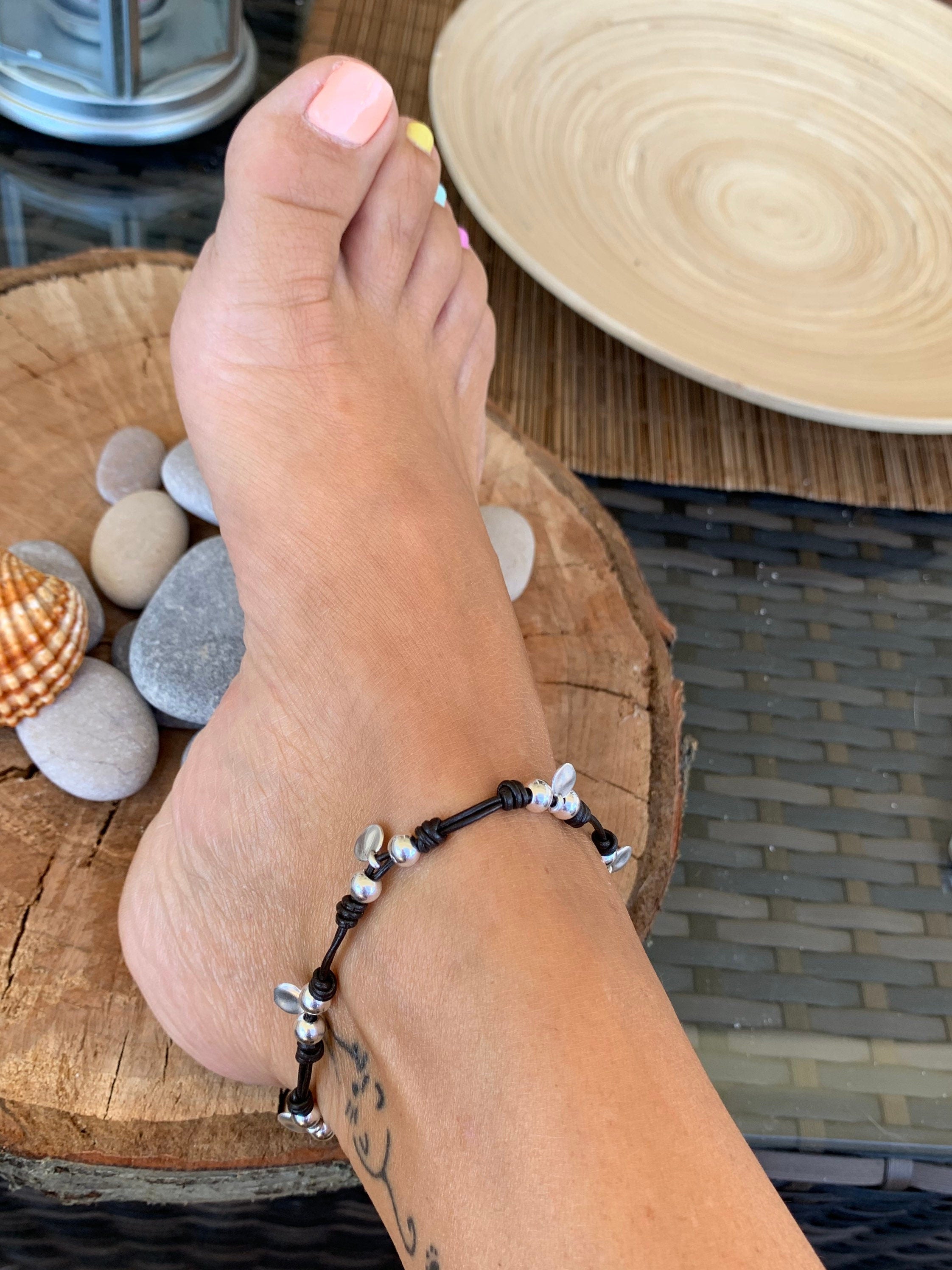 Beach anklet, leather anklet, Boho anklet, Swarovski leather anklet, sea anklet, beach anklet, surf anklet, silver anklet,