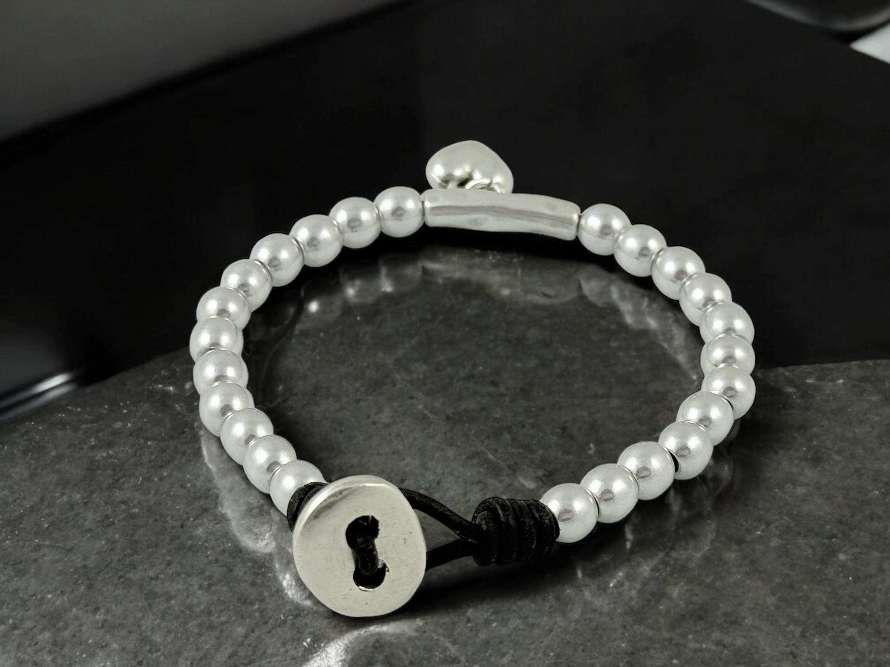 Silver Bracelet with Heart Pendant, Beaded & Leather Ibiza Bohemian Style, Gift for Her