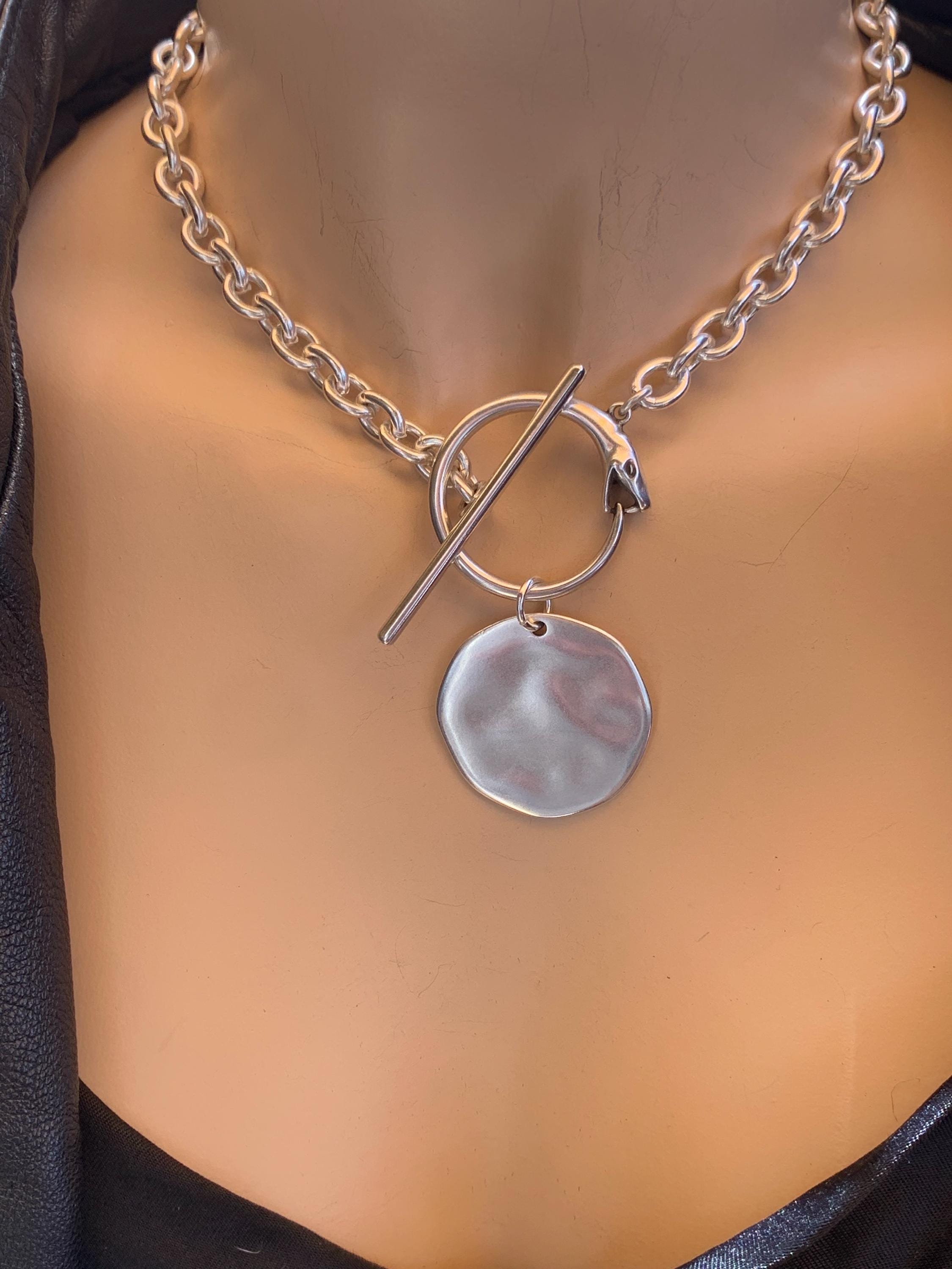 Chunky Silver Chain Necklace – Snake Toggle Clasp & Statement Disc Pendant – Bold Custom-Length Jewelry- gift for her- Scultural choker