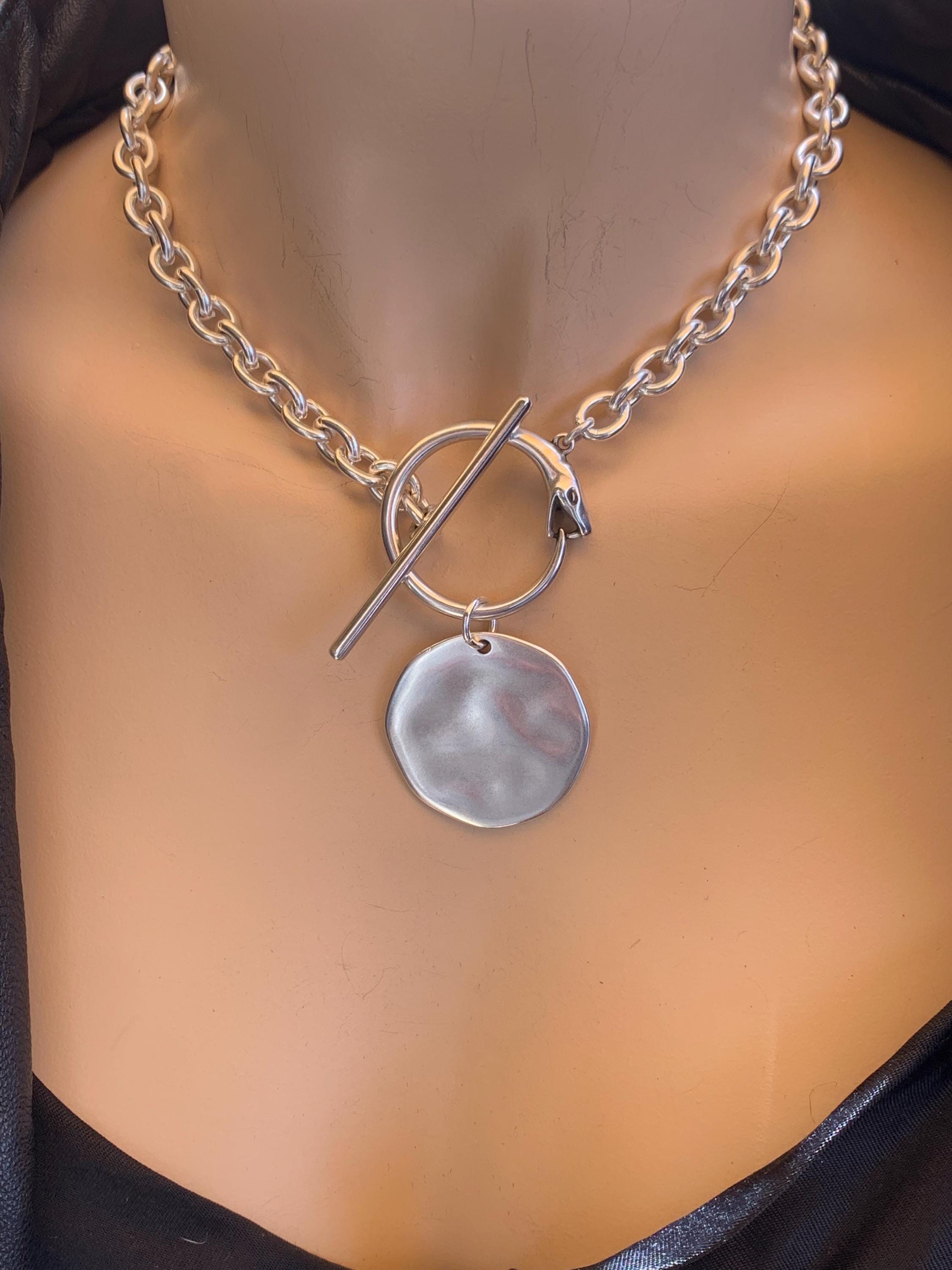 Chunky Silver Chain Necklace – Snake Toggle Clasp & Statement Disc Pendant – Bold Custom-Length Jewelry- gift for her- Scultural choker