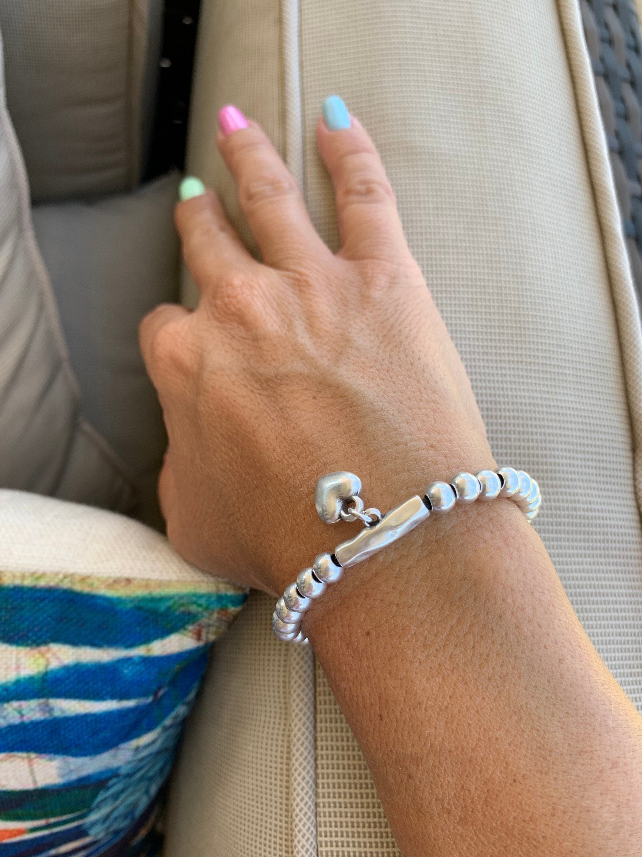 Silver Bracelet with Heart Pendant, Beaded & Leather Ibiza Bohemian Style, Gift for Her