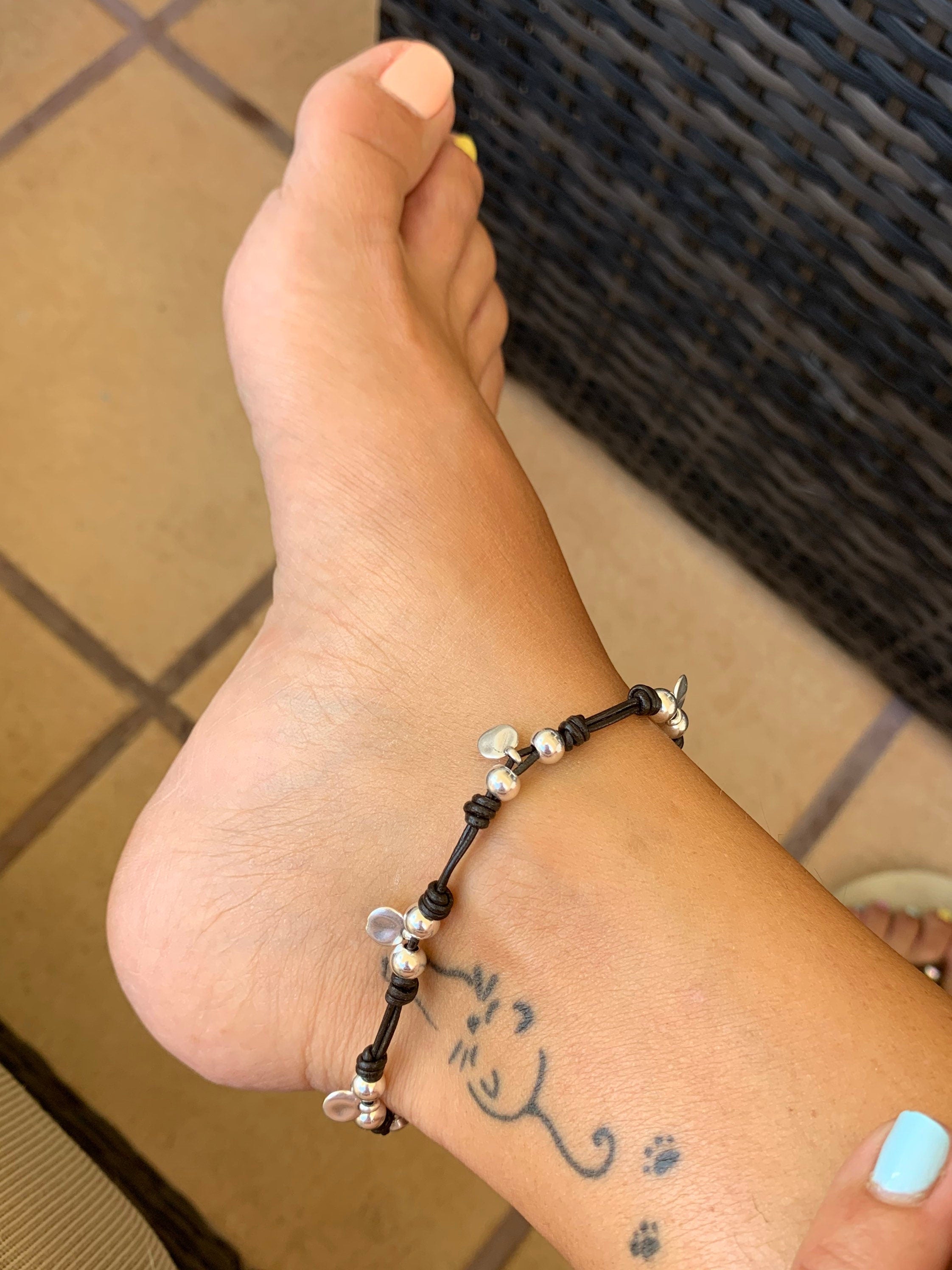 Beach anklet, leather anklet, Boho anklet, Swarovski leather anklet, sea anklet, beach anklet, surf anklet, silver anklet,