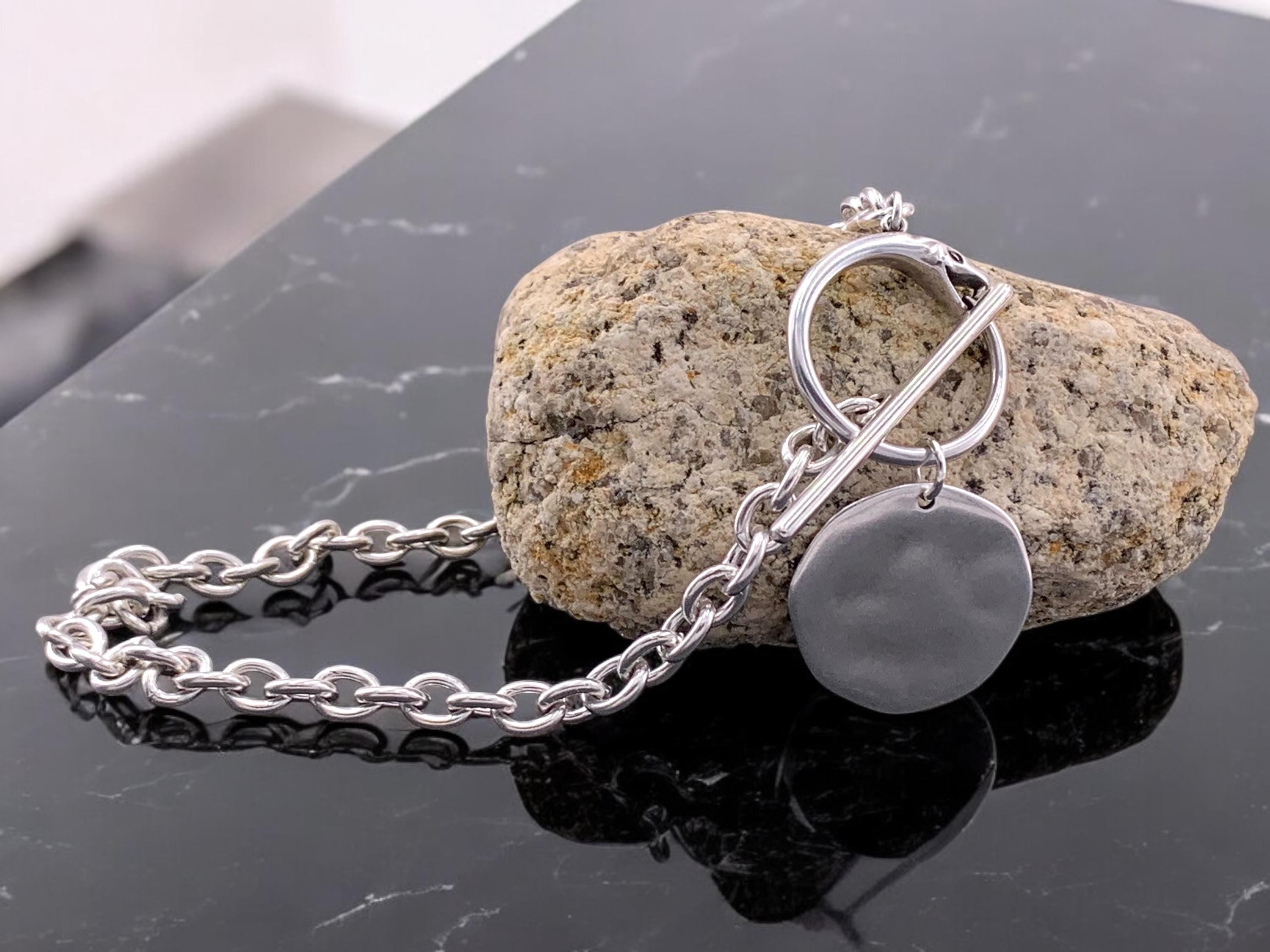 Chunky Silver Chain Necklace – Snake Toggle Clasp & Statement Disc Pendant – Bold Custom-Length Jewelry- gift for her- Scultural choker