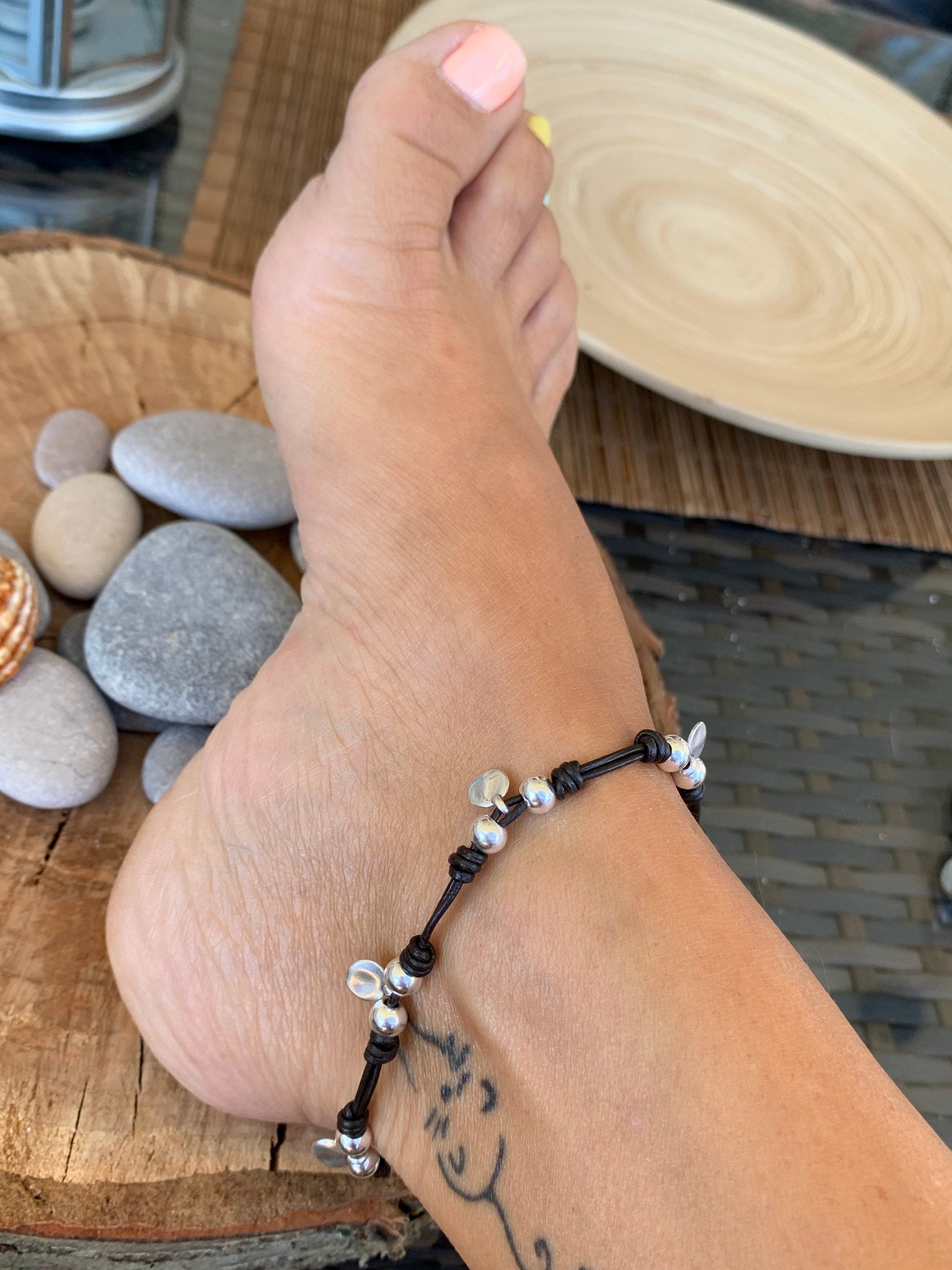 Beach anklet, leather anklet, Boho anklet, Swarovski leather anklet, sea anklet, beach anklet, surf anklet, silver anklet,