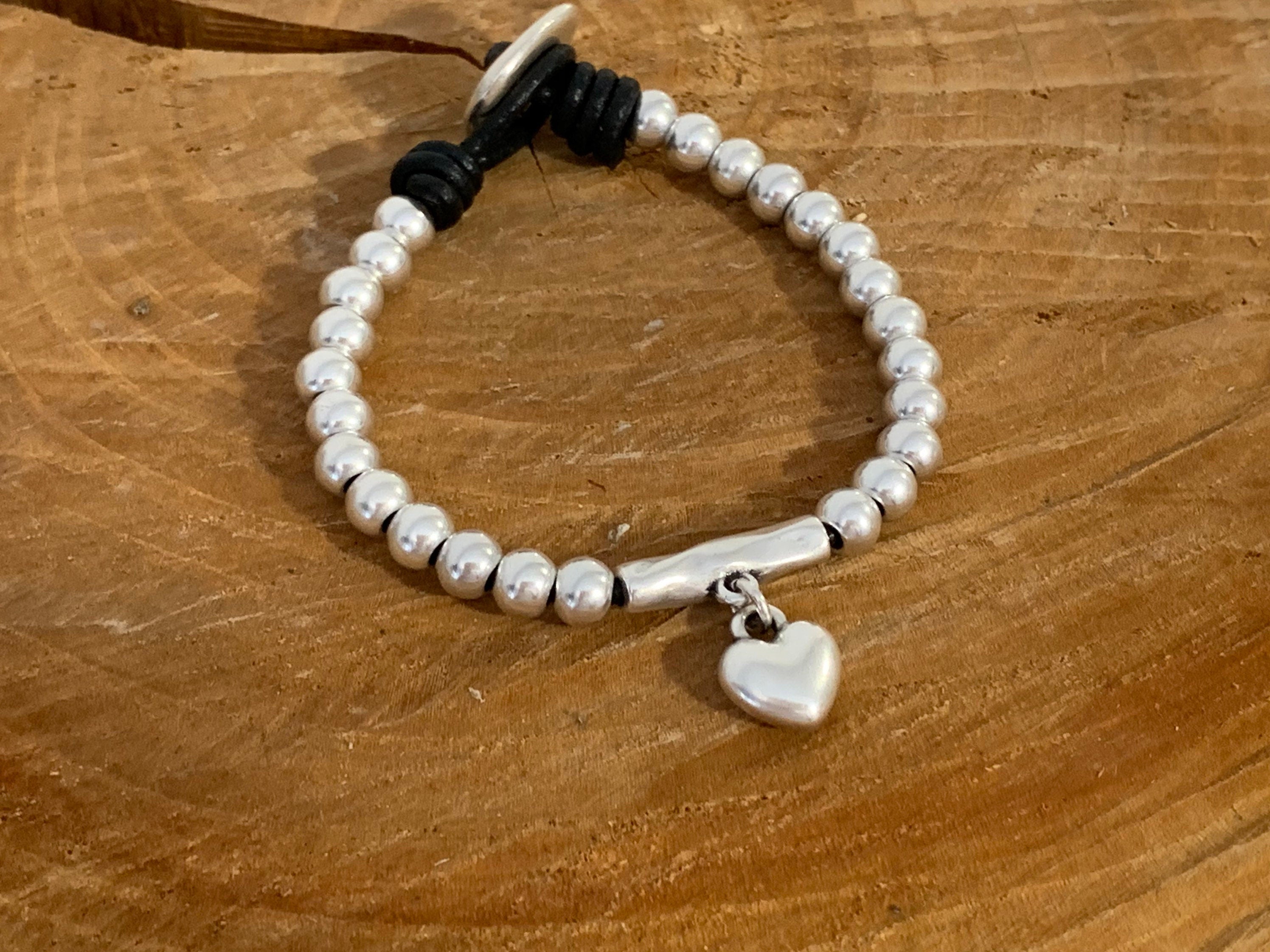 Silver Bracelet with Heart Pendant, Beaded & Leather Ibiza Bohemian Style, Gift for Her