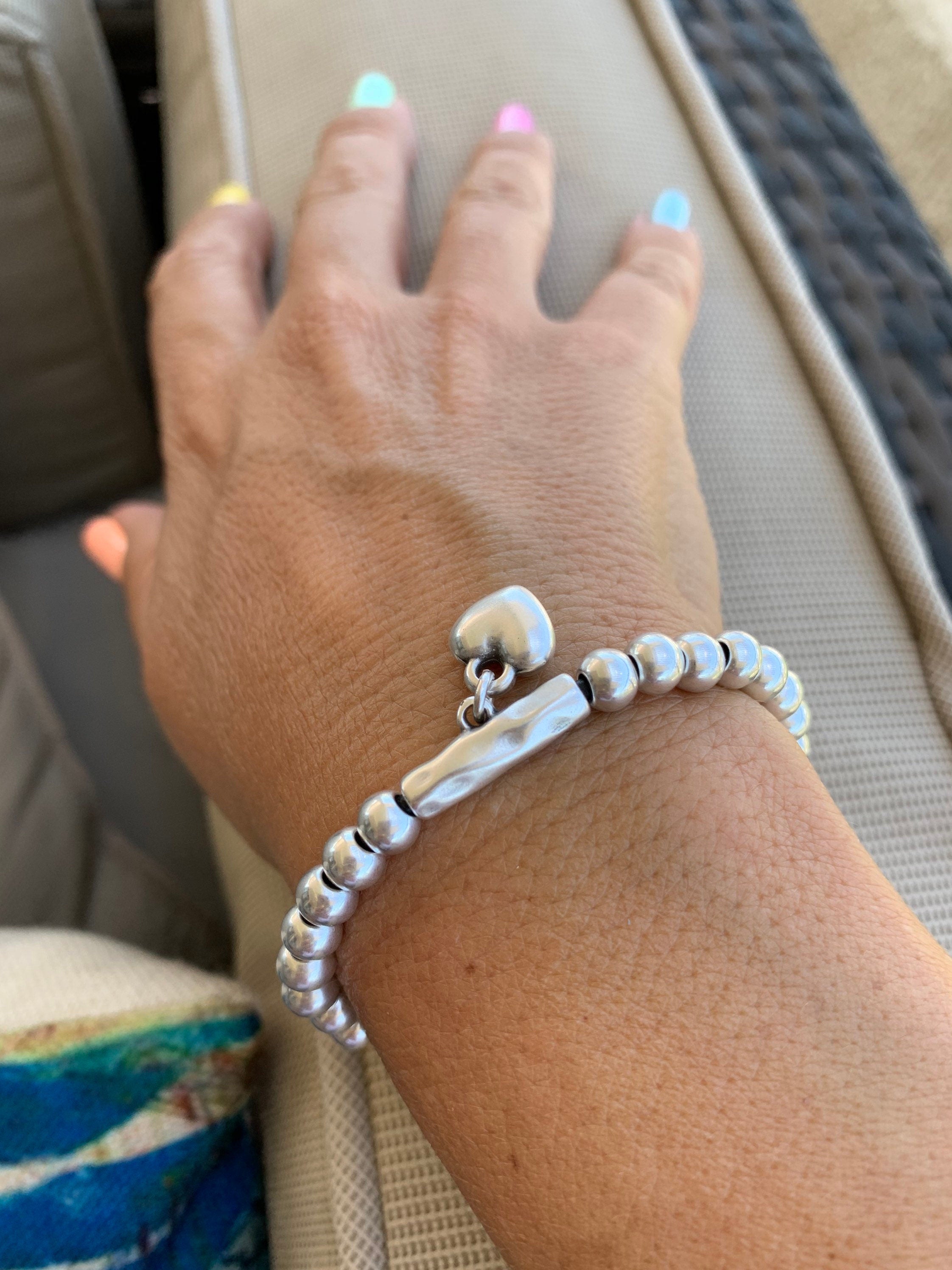 Silver Bracelet with Heart Pendant, Beaded & Leather Ibiza Bohemian Style, Gift for Her