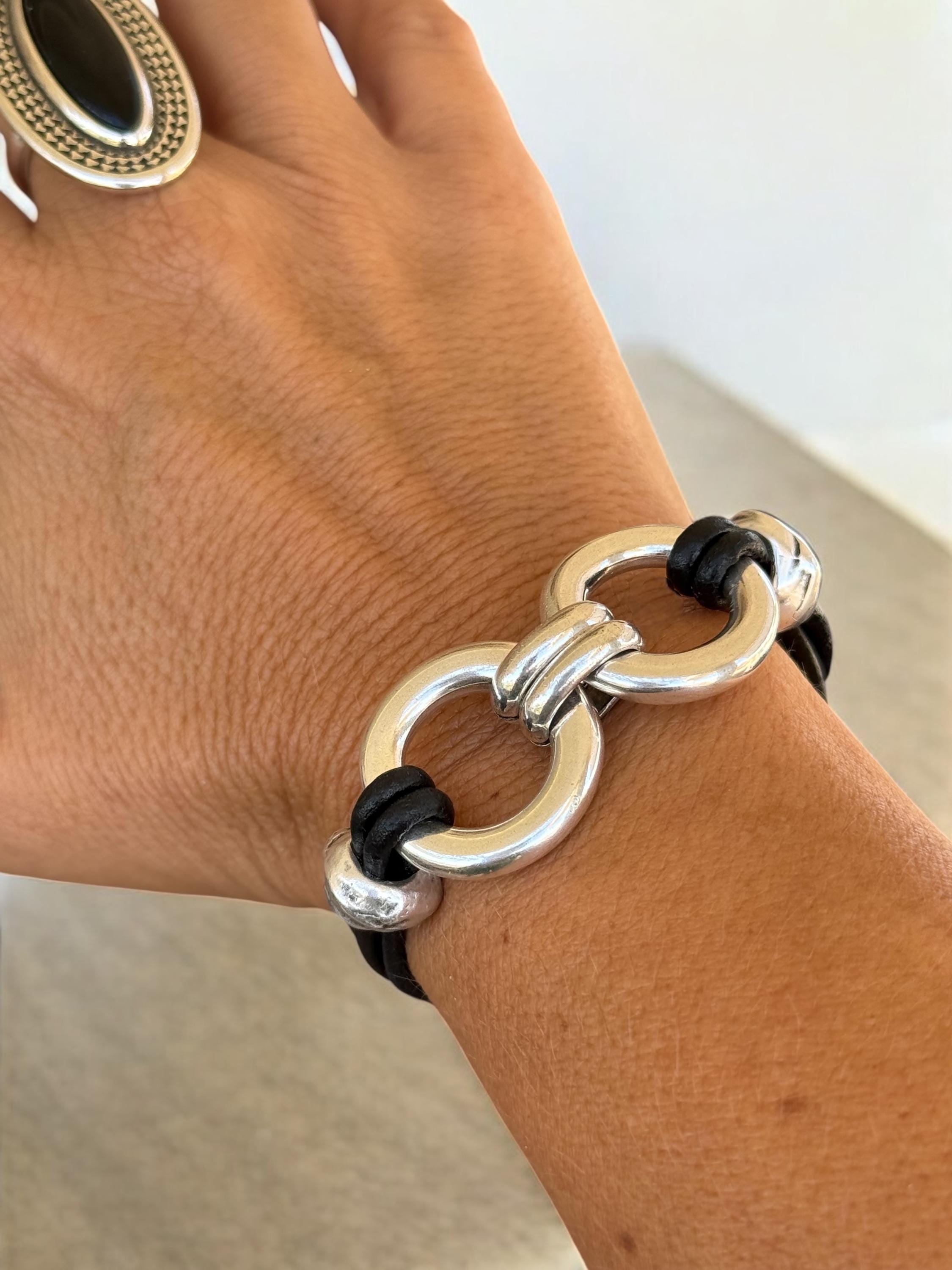 Bold Chain Link Leather Bracelet – Chunky Silver Statement Design with Adjustable Fit – Wide Boho Cuff Made to Order