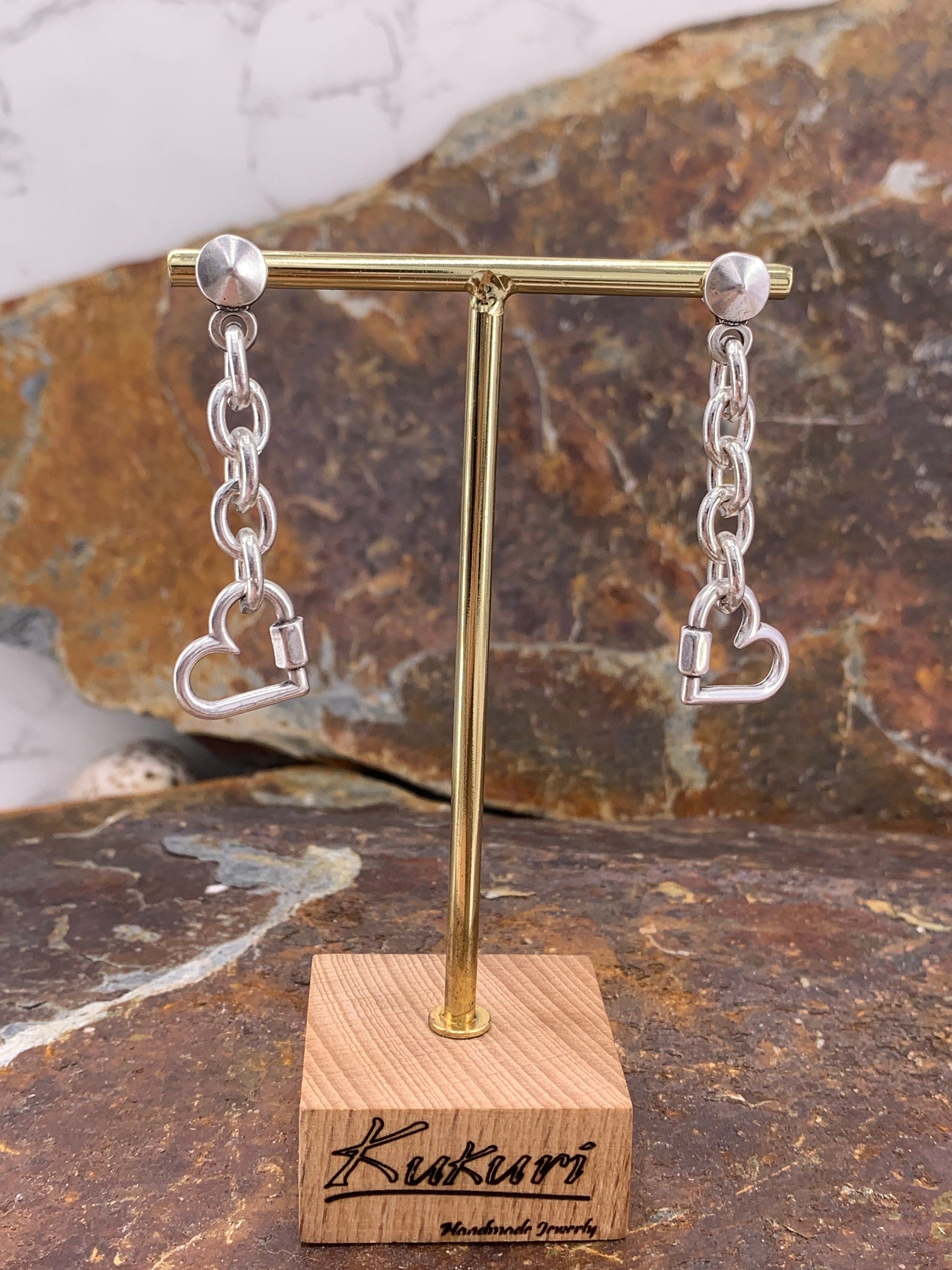 Romantic Silver Chain Earrings – Heart Charm Dangle – Modern Boho Style – Handmade Kukuri Jewelry