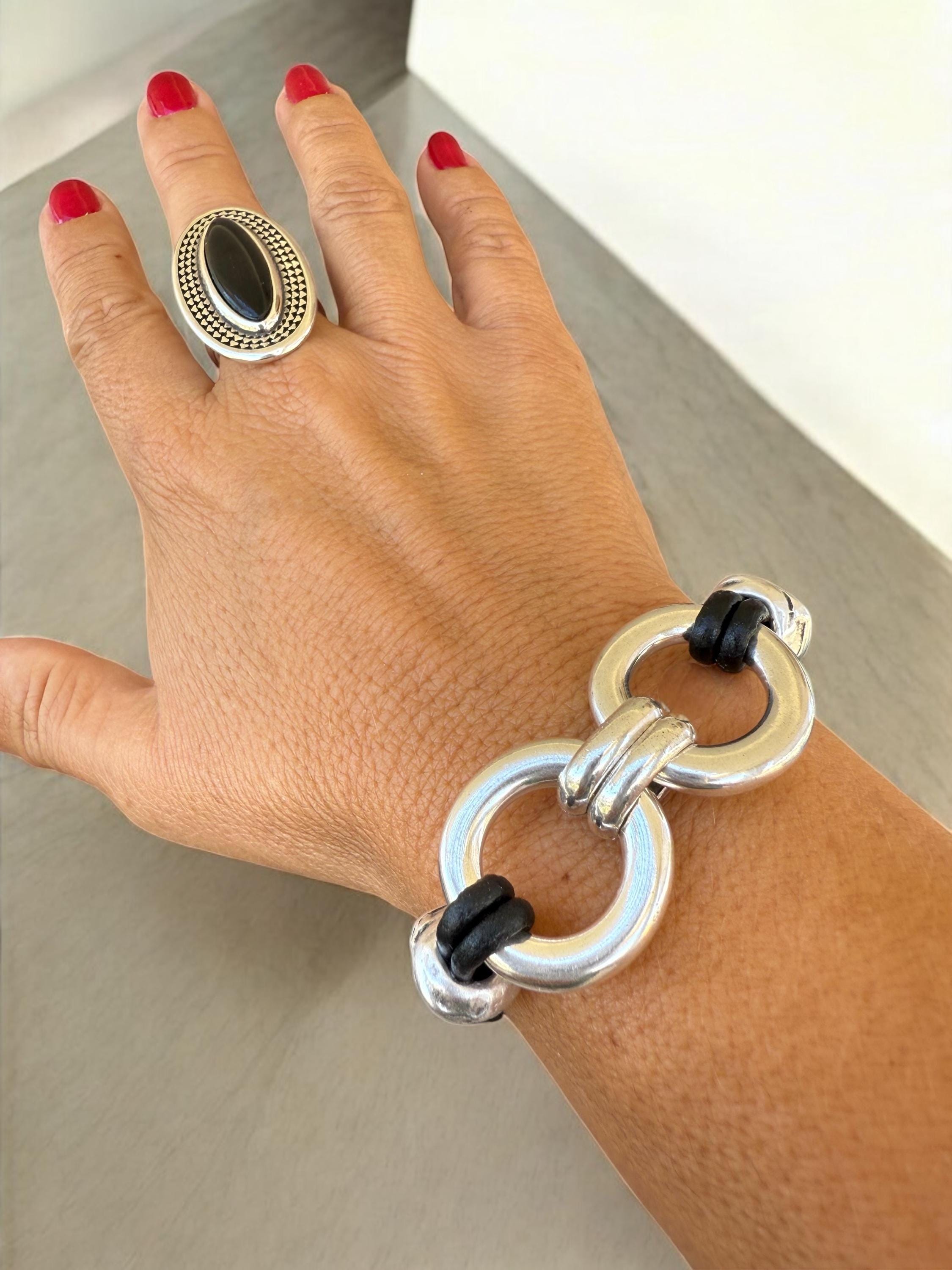 Bold Chain Link Leather Bracelet – Chunky Silver Statement Design with Adjustable Fit – Wide Boho Cuff Made to Order