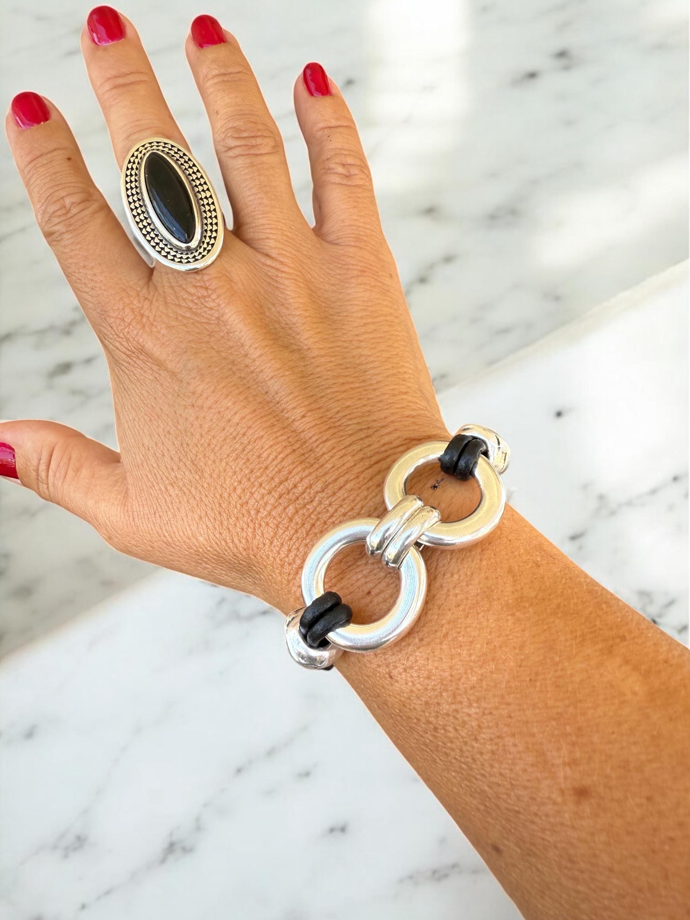 Bold Chain Link Leather Bracelet – Chunky Silver Statement Design with Adjustable Fit – Wide Boho Cuff Made to Order