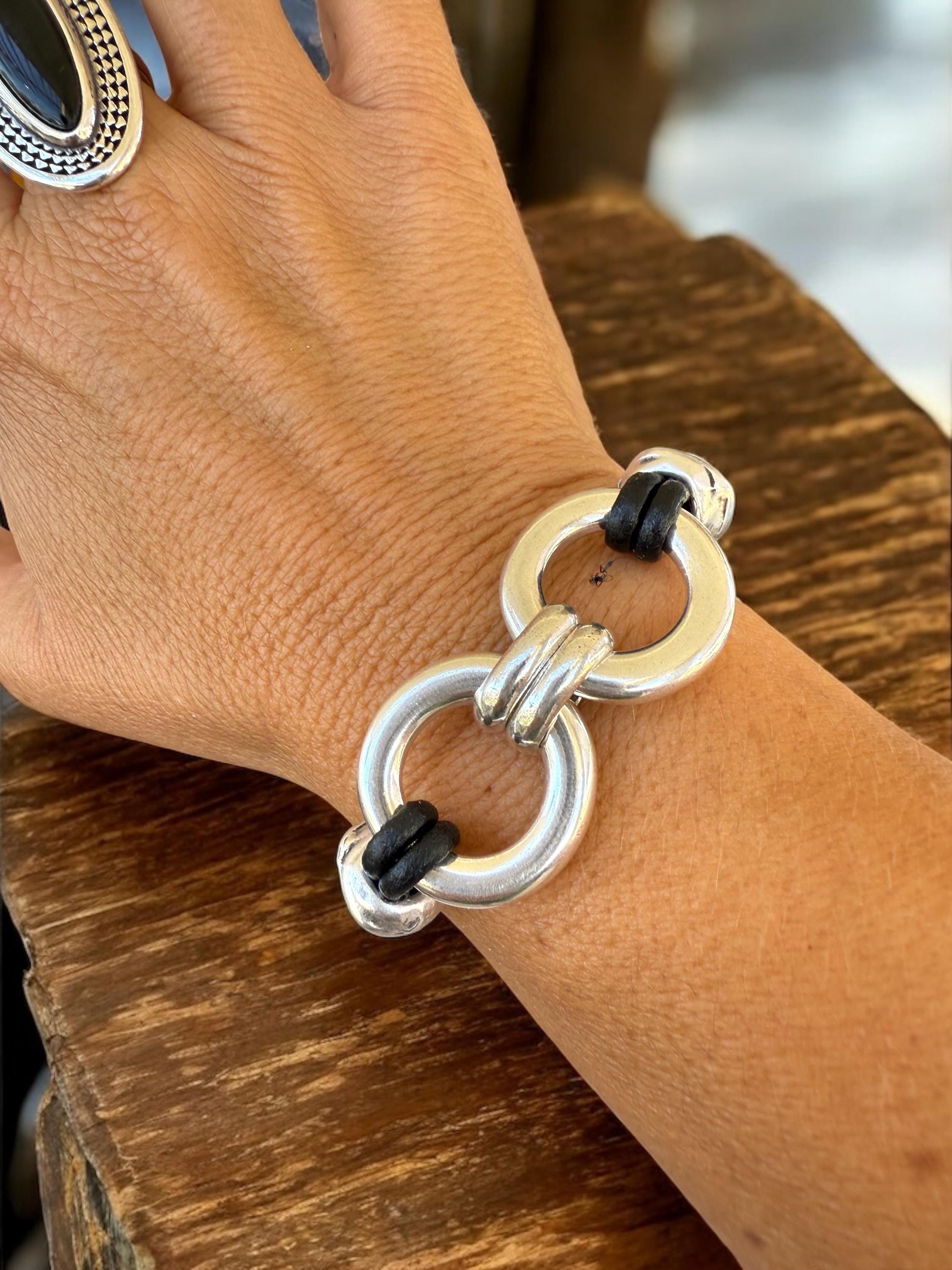 Bold Chain Link Leather Bracelet – Chunky Silver Statement Design with Adjustable Fit – Wide Boho Cuff Made to Order