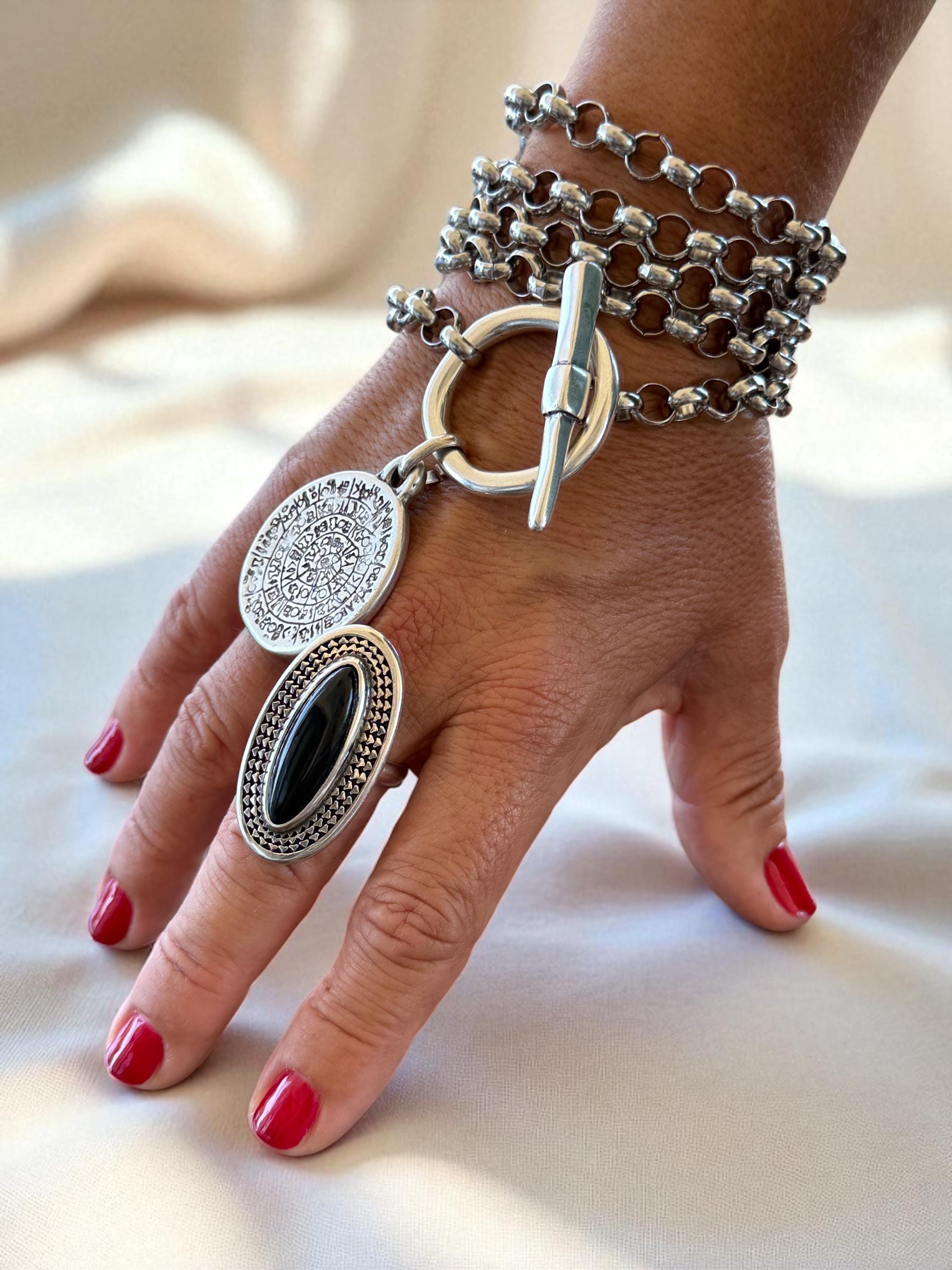 Chunky Oval Silver Ring – Bold Black Crystal Statement Band with Sculpted Texture – Adjustable Oversized Boho Jewelry - gift for her