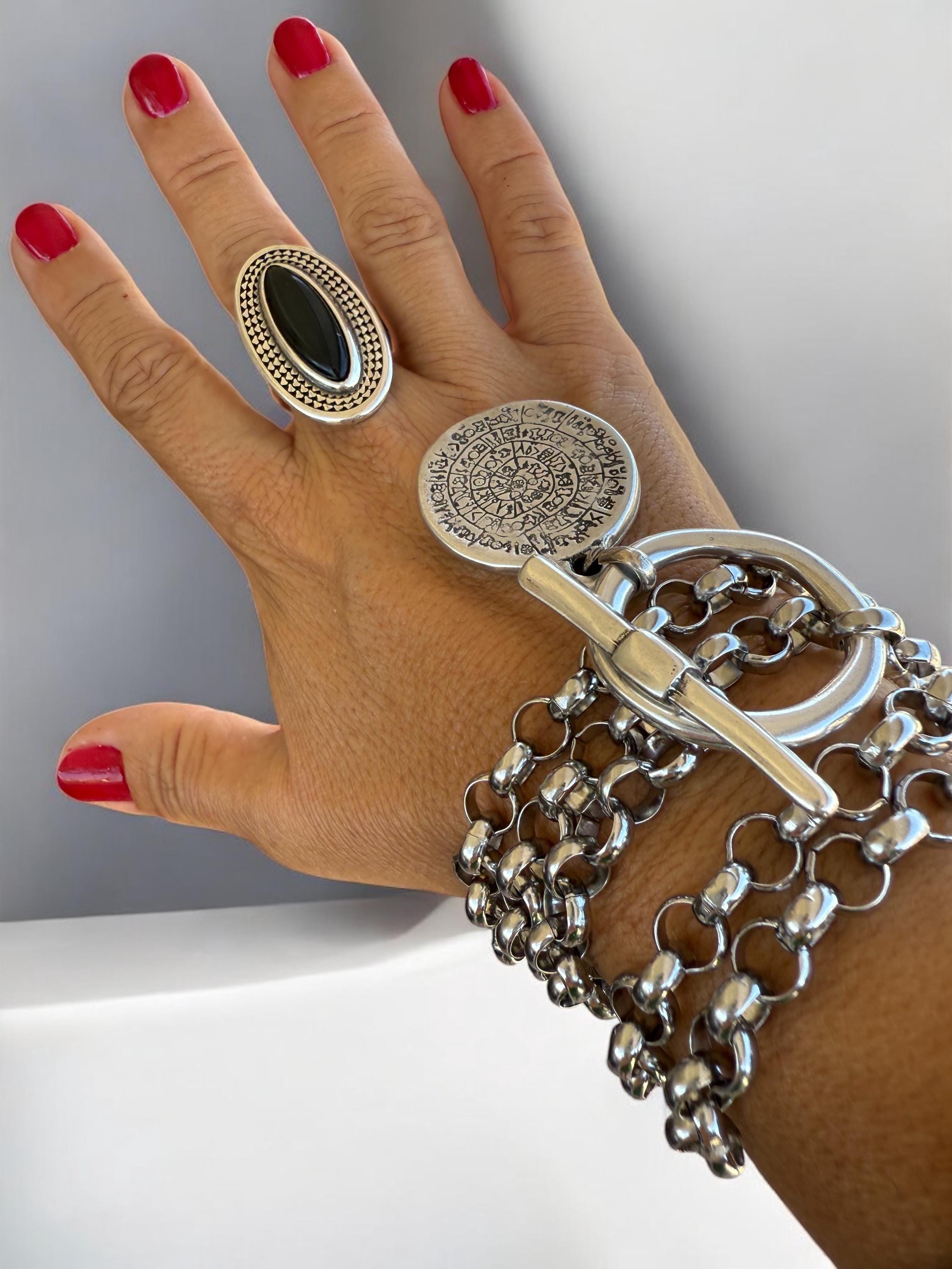 Chunky Oval Silver Ring – Bold Black Crystal Statement Band with Sculpted Texture – Adjustable Oversized Boho Jewelry - gift for her