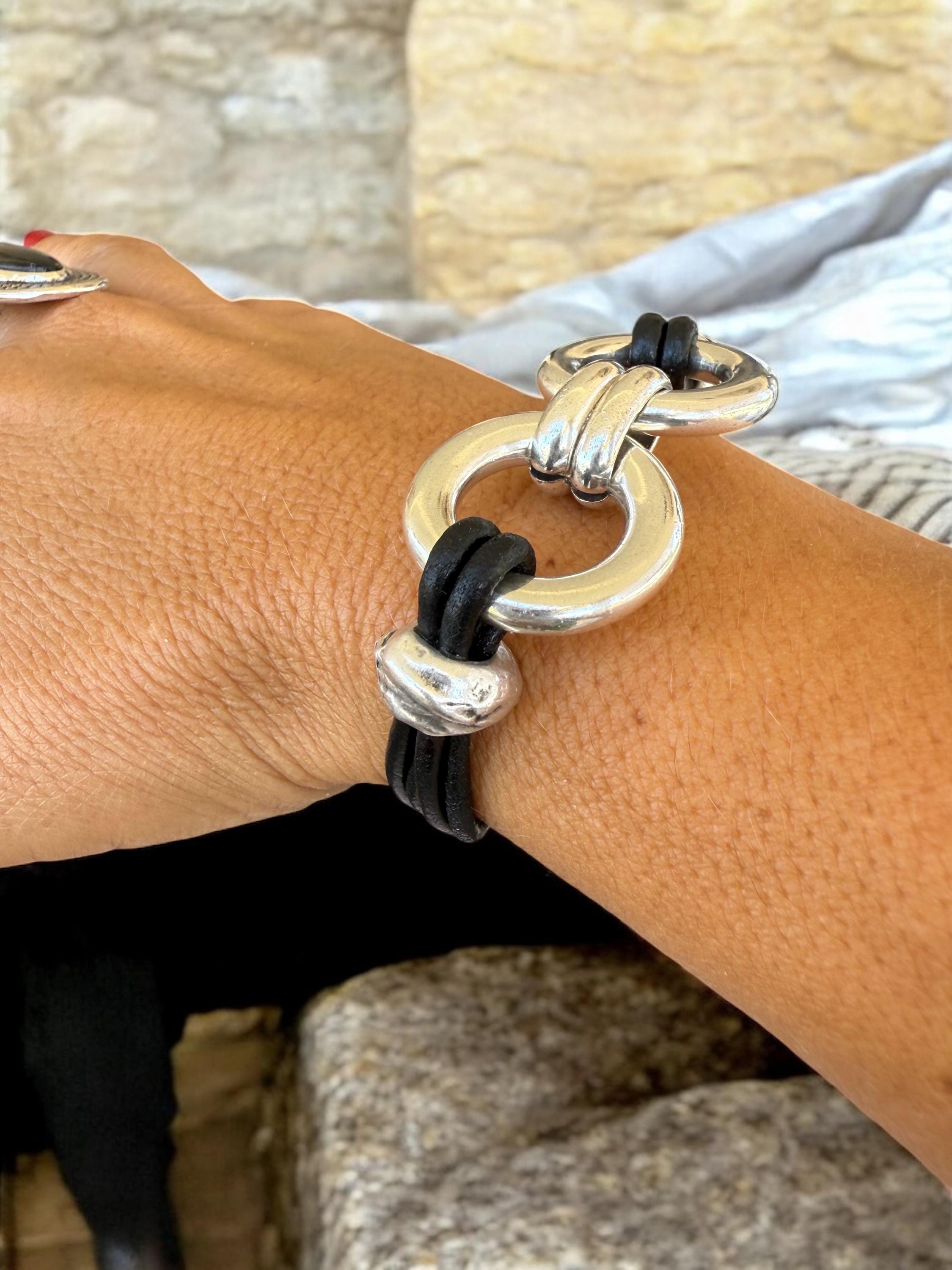 Bold Chain Link Leather Bracelet – Chunky Silver Statement Design with Adjustable Fit – Wide Boho Cuff Made to Order