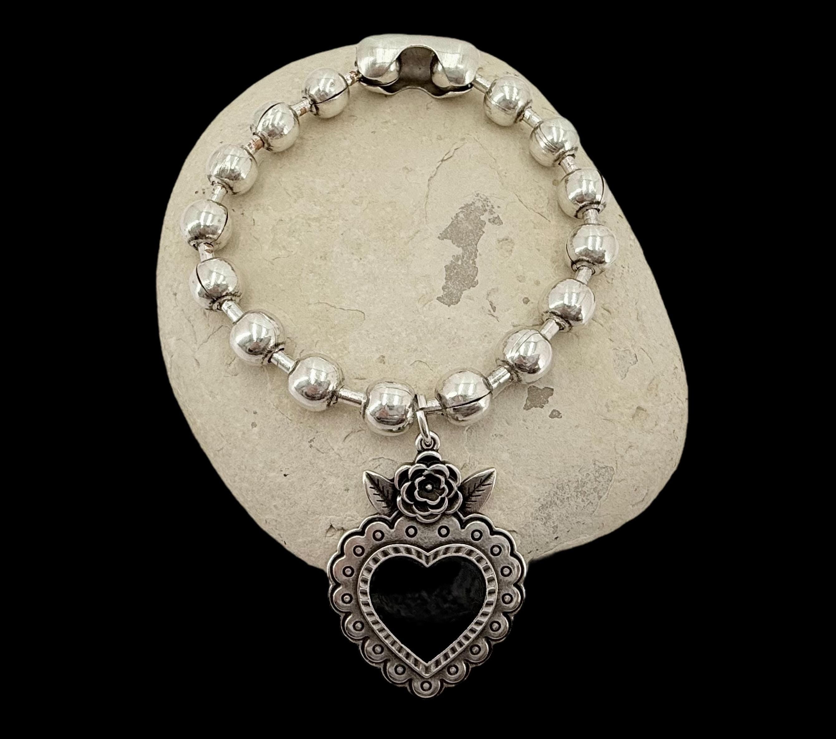 Chunky silver balls chain bracelet with black heart pendant, bold balls chain bracelet, thick chain bracelet, chunky silver bracelet, gift