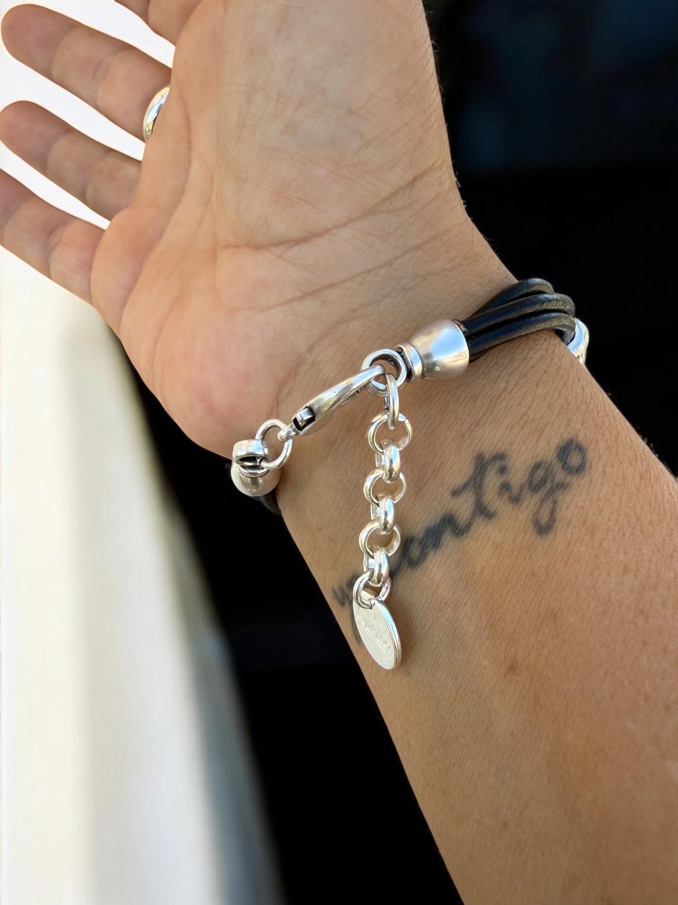 Bold Chain Link Leather Bracelet – Chunky Silver Statement Design with Adjustable Fit – Wide Boho Cuff Made to Order