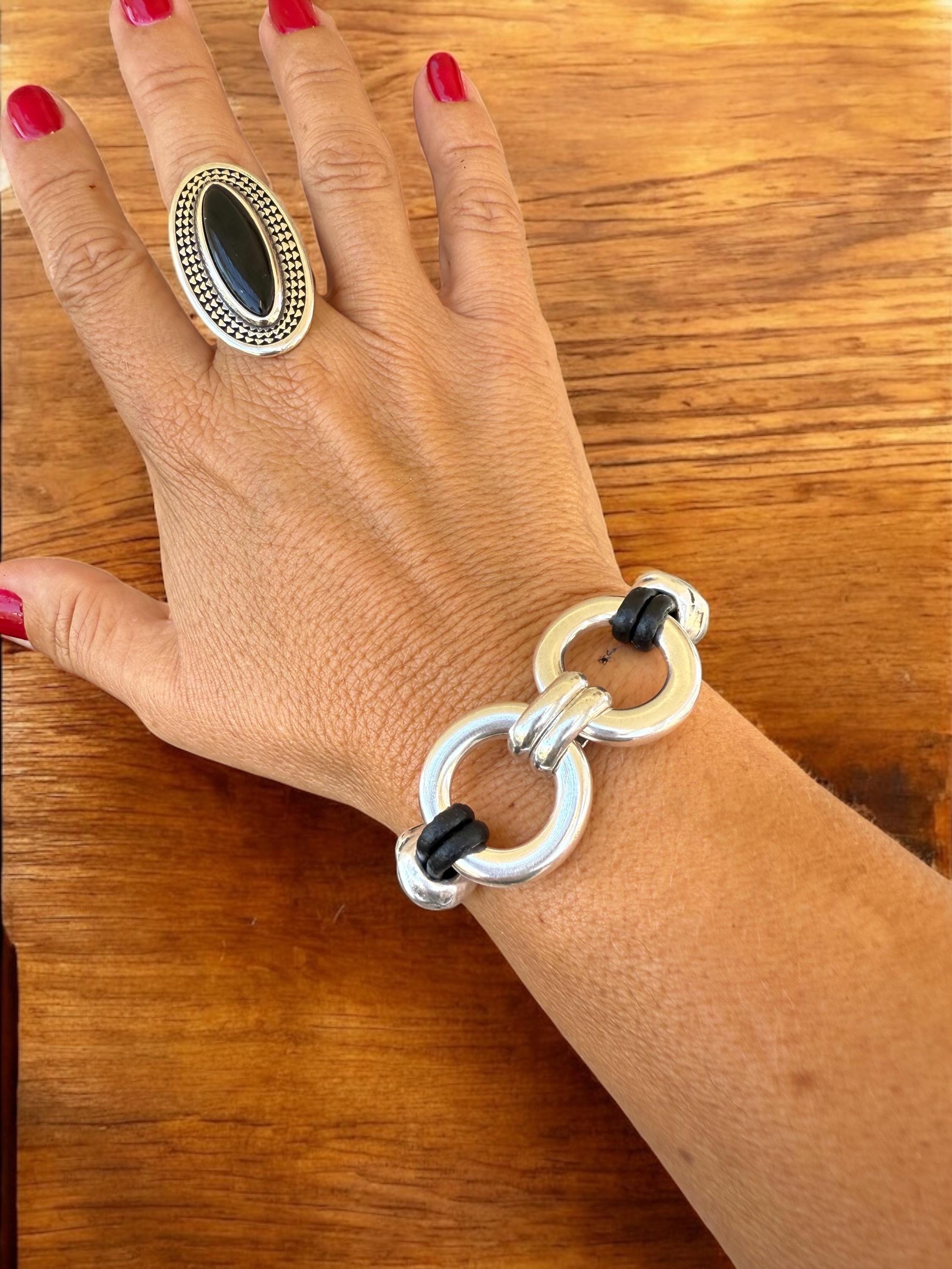 Bold Chain Link Leather Bracelet – Chunky Silver Statement Design with Adjustable Fit – Wide Boho Cuff Made to Order