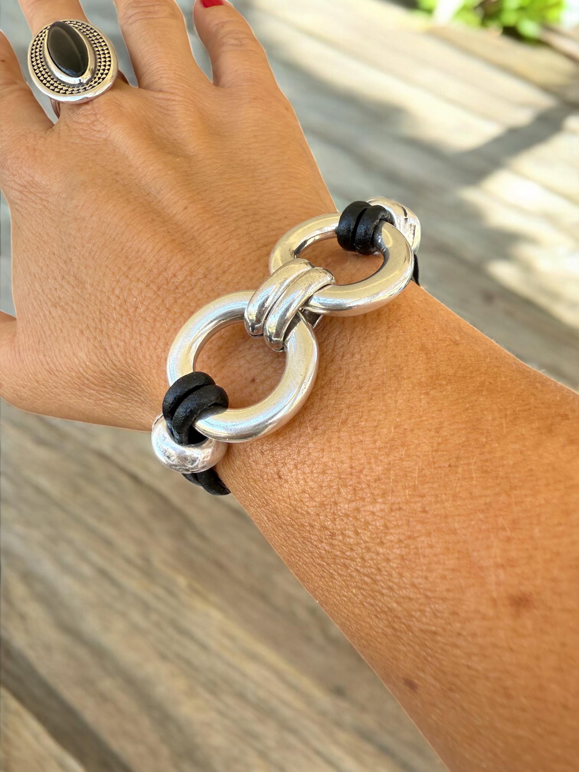 Bold Chain Link Leather Bracelet – Chunky Silver Statement Design with Adjustable Fit – Wide Boho Cuff Made to Order