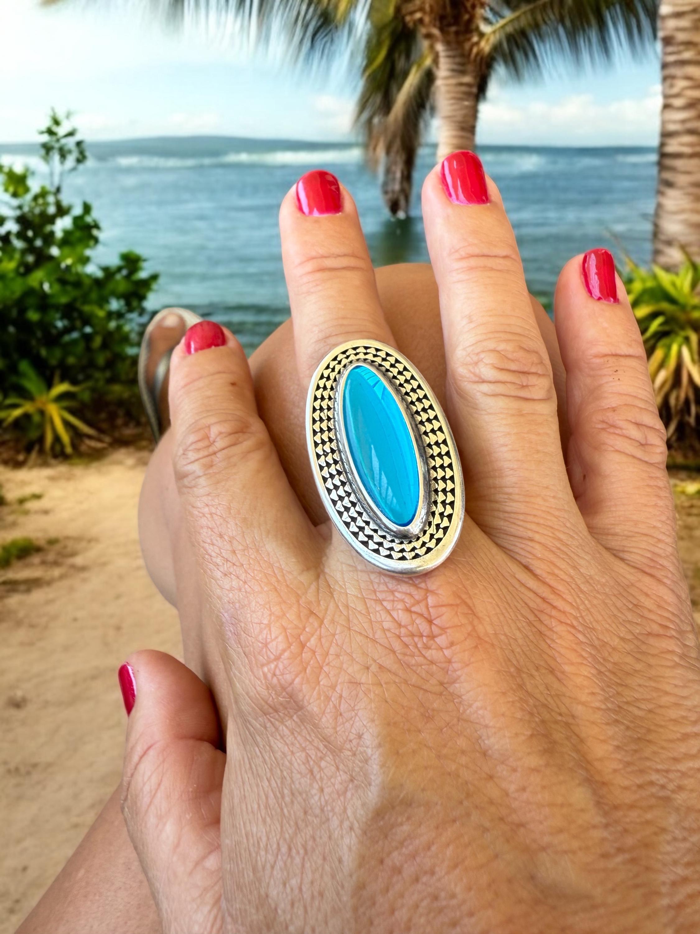 Chunky Silver Blue Crystal Ring – Oversized Statement Jewelry – Adjustable Size – Uno de 50 Inspired – Handmade Gift for Her