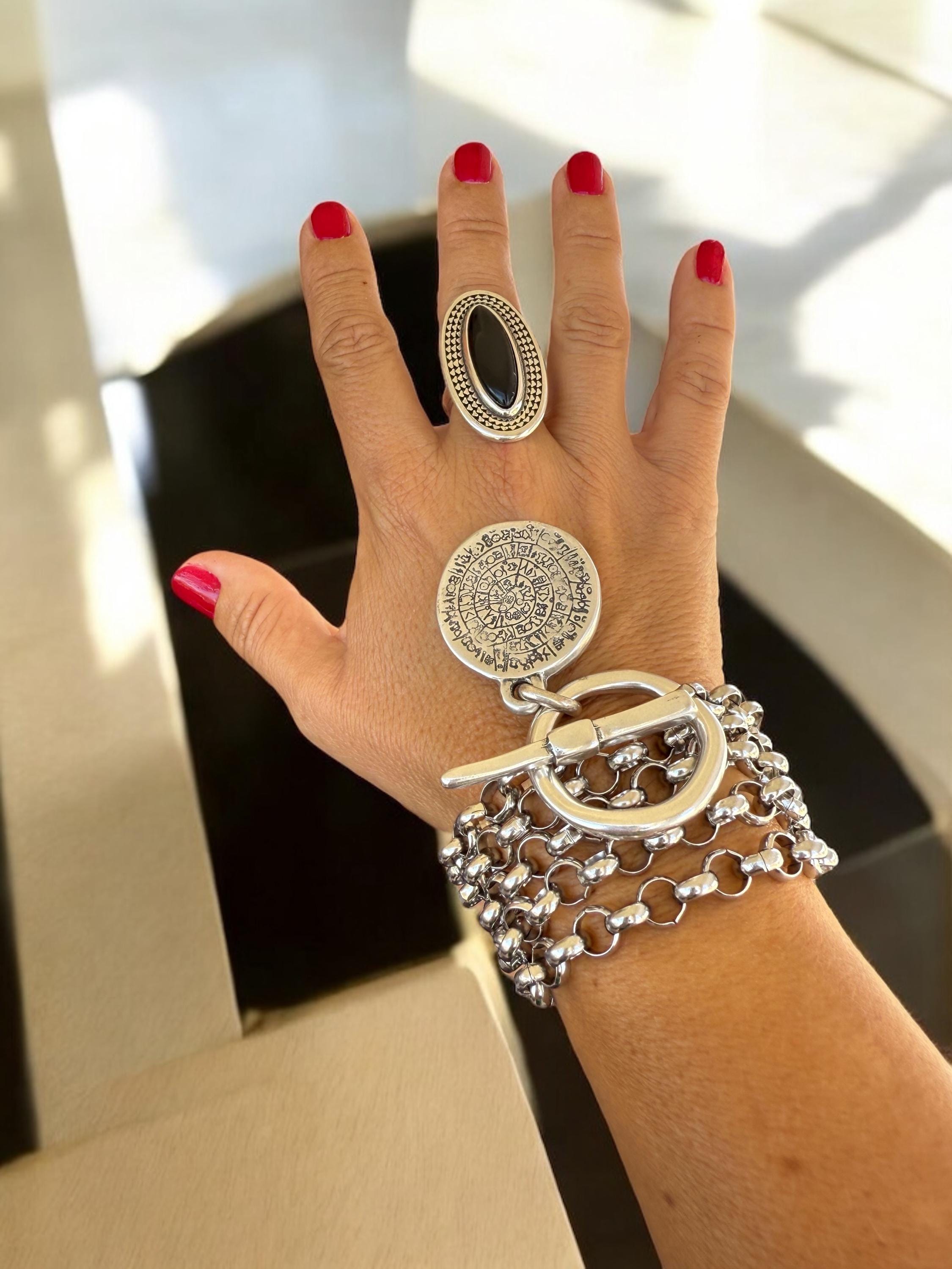 Chunky Oval Silver Ring – Bold Black Crystal Statement Band with Sculpted Texture – Adjustable Oversized Boho Jewelry - gift for her