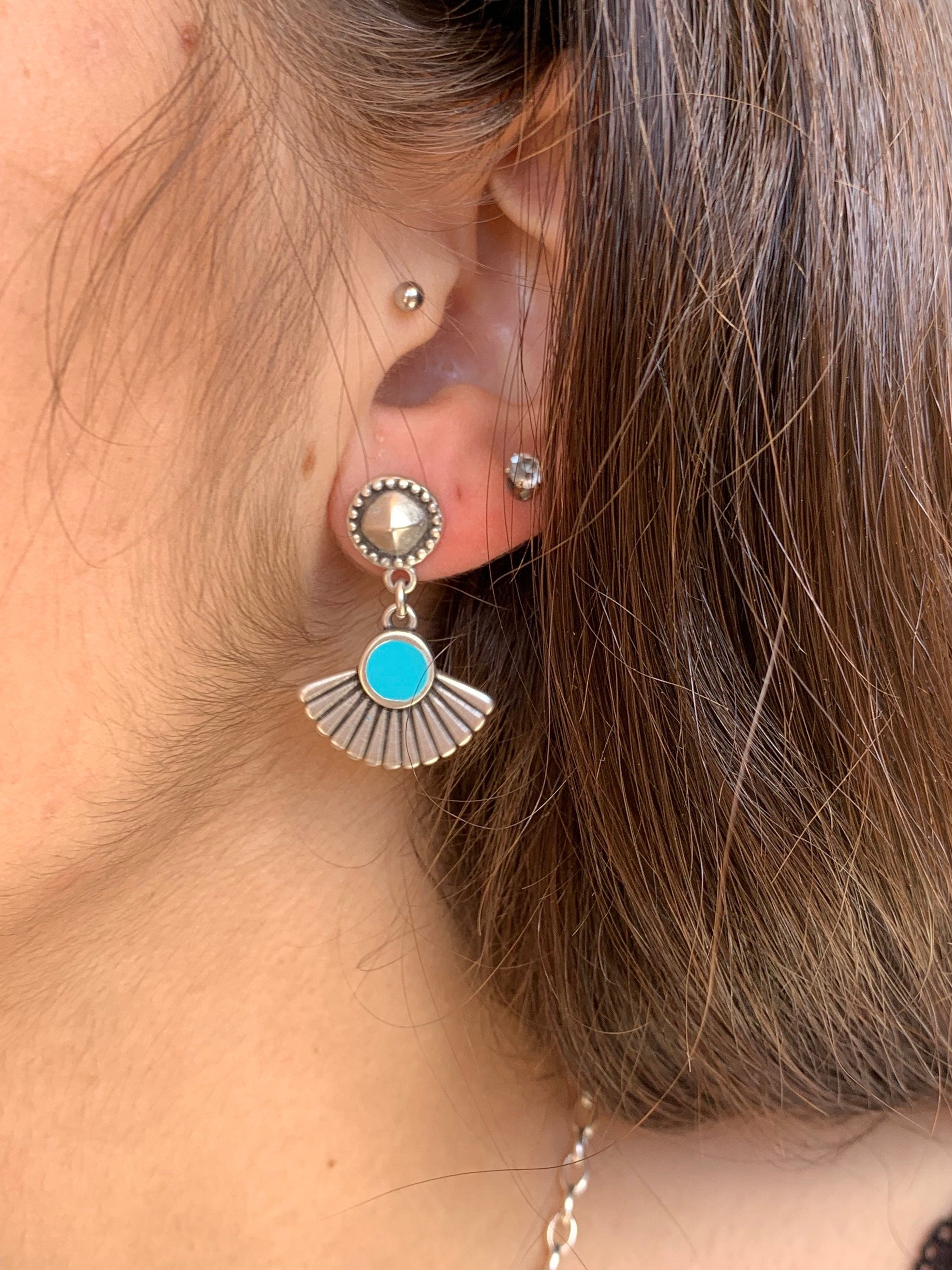 Boho Tribal Earrings – Turquoise Enamel & Silver – hypoallergenic – Handmade Kukuri Jewelry - everyday