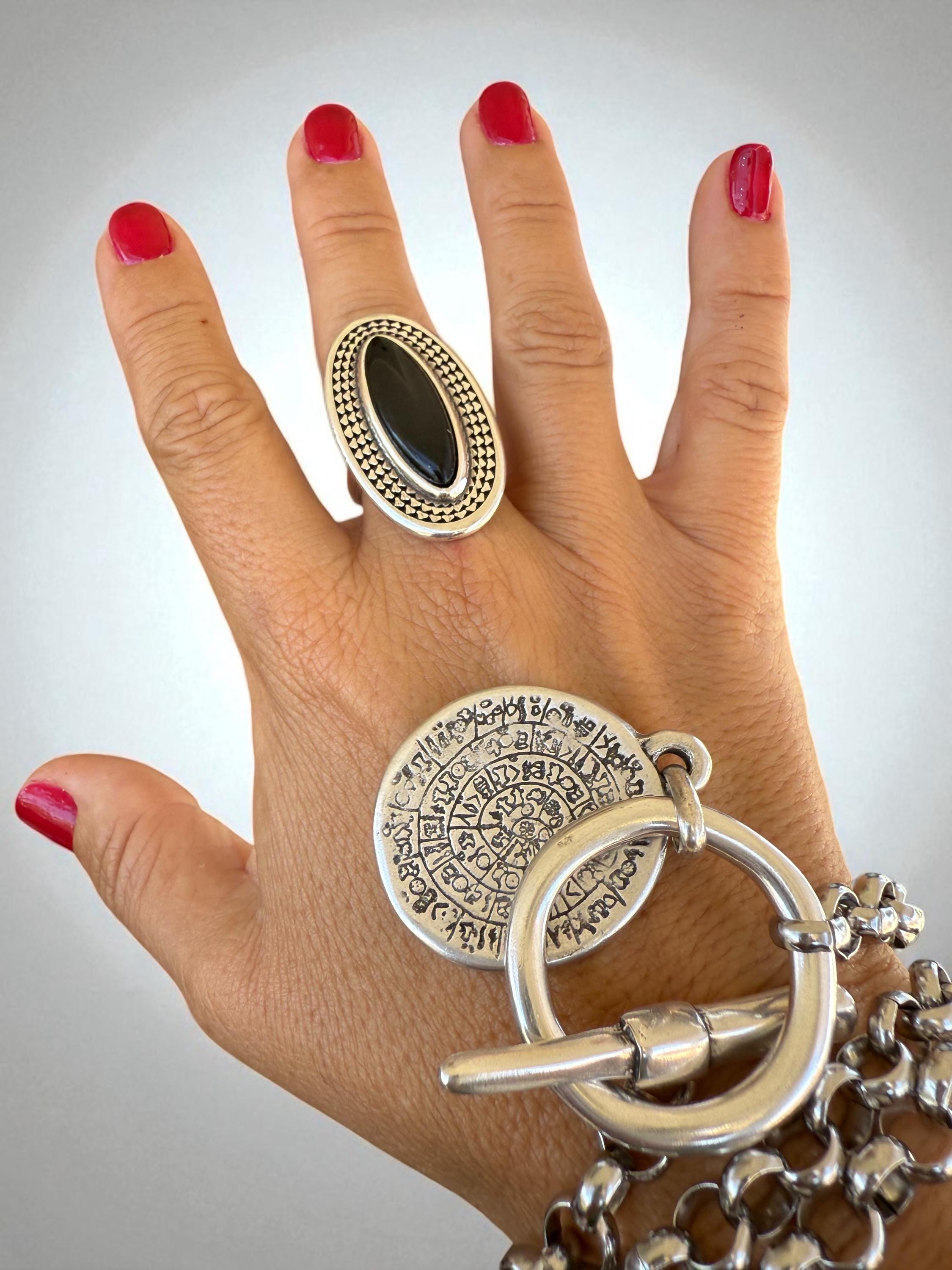 Chunky Oval Silver Ring – Bold Black Crystal Statement Band with Sculpted Texture – Adjustable Oversized Boho Jewelry - gift for her